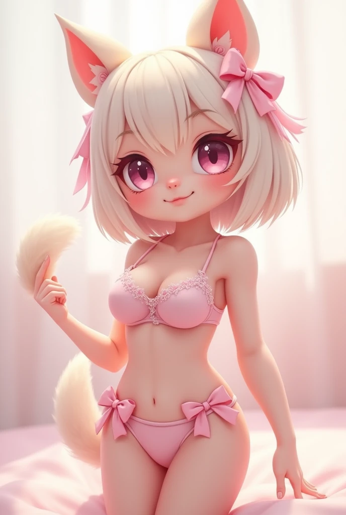 Girl, solo, , short, small to medium breasts, tiny bikini, thong bikini, blonde hair, short hair, straight hair, cat ears, cat tail, cat gloves, furry, cat socks, double teeth, caramel green eyes, thick legs, cute, cute pose, sitting on floor, looking up, diagonally from above, in bedroom, spotlight, bright, neon, colorful, more_details:-1, more_details:0, more_details:0.5, more_details:1, more_details:1.5, more prism, vibrant color, , (nsfw:0.55 ), ((round chest, flat stomach, cute face)), (intense colors)