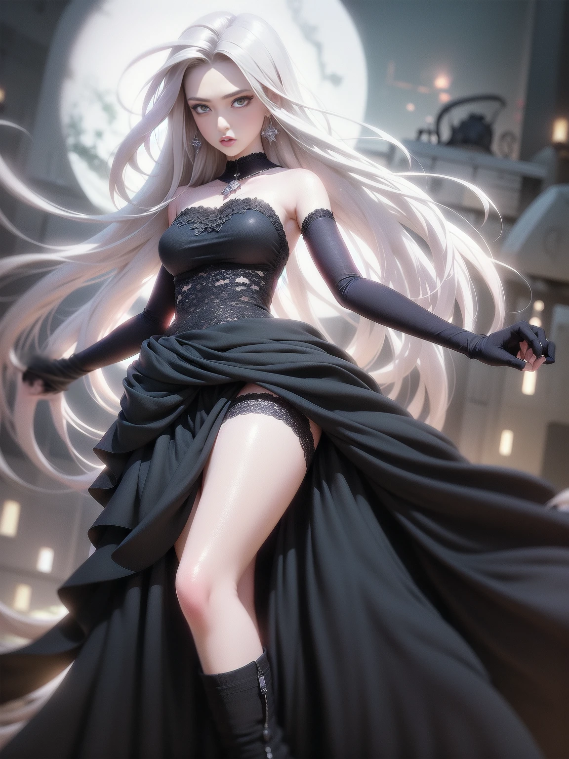 Goddess ((goddess-like woman)), slim, elegant silhouette, masterpiece, (close angle), best quality, pale skin, fair skin, sweet face, (masterpiece: 1.2, best quality), (real image, intricate details), (1 lady, solo, medium tits, small waist, ), ((Jinx/LOL)), beautiful face, kissable lips, very long white hair, slicked back hair, (very long white hair), white hair , VERY LONG HAIR , (very long white hair), perfect makeup, realistic face, detailed red pink eyes, (red pink eyes) bright red pink eyes, very long hair, eyelashes, mouth slightly open, she has an impressive presence, gold bracelet, gold hoop earrings, withe jewelry , beautiful face, beautiful eyes, she is wearing a black Mesh Corset Velvet Dress and black over-the-knee boots, Mesh Corset Velvet Dress, long sleeves, dress, standing, full body, long dress, maroon dress, velvet dress, see-through sleeves, Black over-the-knee boots, sweet irresistible smile, elegant pose, elegant hands, beautiful hands, perfect fingers, background: outside, medieval city, magic in the air, stone houses, castles, dark sky night, full moon