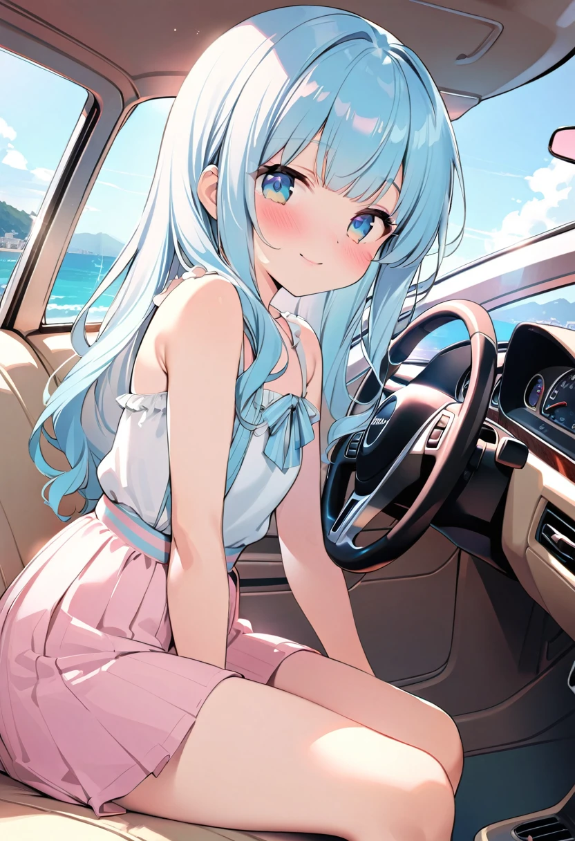 masterpiece, best quality, extremely detailed, (illustration, official art:1.1), 1 girl ,(((( light blue long hair)))), ,(((( light blue long hair)))),light blue hair, , long hair ((blush)) , cute face, masterpiece, best quality,(((((a very delicate and beautiful girl))))),Amazing,beautiful detailed eyes,blunt bangs((((little delicate girl)))),(((tareme))),droopy eyes.(true beautiful:1.2), sense of depth,dynamic angle,,,, affectionate smile, (true beautiful:1.2),,(tiny 1girl model:1.2),)(flat chest),masterpiece, best quality, beautiful detailed eyes, ultra-detailed, finely detail, highres, perfect anatomy, colorful, Pastel Colors, 1girl, solo, simple background, retro style, 1980s city pop, city pop anime, car, retoro style, 1980s fashion, cowboy shot, Kyoto Animation, sea, in summer, vivid colors