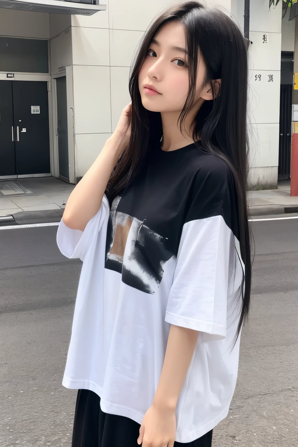 (8k, RAW photo, best quality, masterpiece:1.3),(Real,Photo:1.37),(Night),(Looking at viewer:1.331),(White hair),Pose,Sea,Night view, Blurred image, Foreground blur, Depth of field, Blurry background, Photo_ \(Medium\), motion_blur,1girl,Very Beautiful Face,Cute,(Small),Put Your Hand Down,Long Pony Hairstyle,Black Hair,Random Expression,Big Eyes, ,Lower Belly,(Plain White T-Shirt),JK_style,(Track Shorts) ,Black Hair,(Age 19),mix8