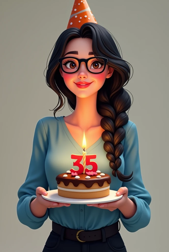 a 32 year old slightly chubby girl long wavey ponetailed hair wearing t-shirt with name "Bel @ 32 Bye Calendar Hello Bingo Cards and denim short and black eyeglasses holding a bingo card in her right hand and a big calendar with X in background, and has a 3 tier Cake in her back because it's her birthday, her  son, Her 5 Lady and Doraemon