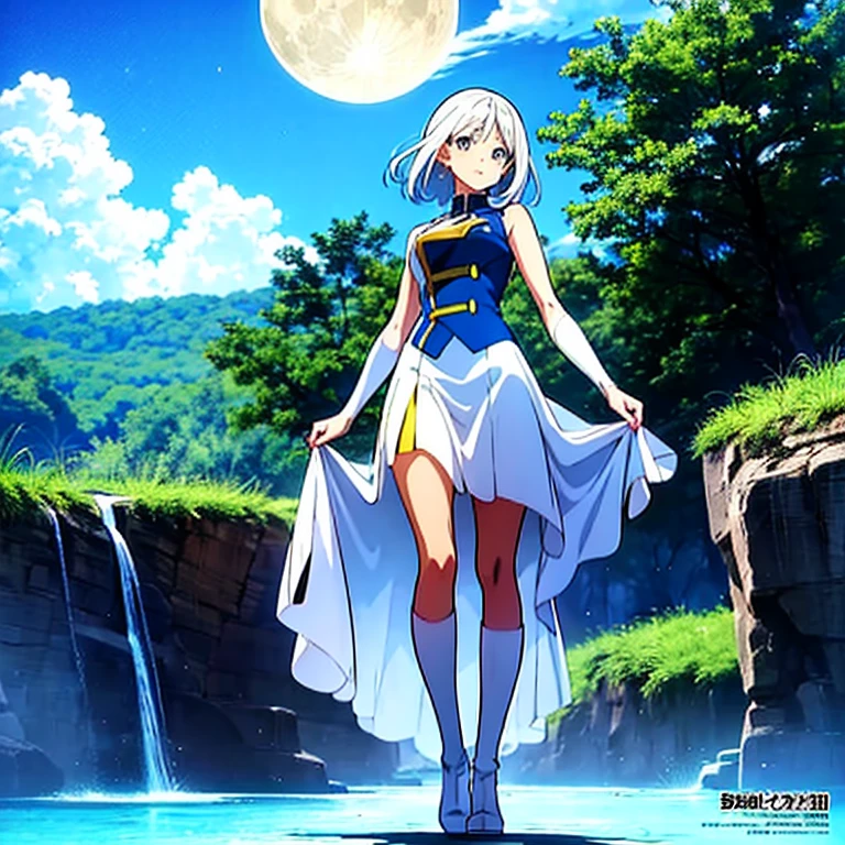 Anime girl walking near a cliff, Beautiful fantasy anime, high detailed Official Art, Silver-haired god, Shadowverse Style, Anime Goddess, Nightcore, Detailed Key Anime Art, Official Art, Masterpiece Goddess of Beauty, Anime fantasy illustration, Detailed digital anime art, Epic light novel art cover, From the Arknights video game, Anime fantasy artwork, Calm background, Bright white moon, white beach dress, View of the sea