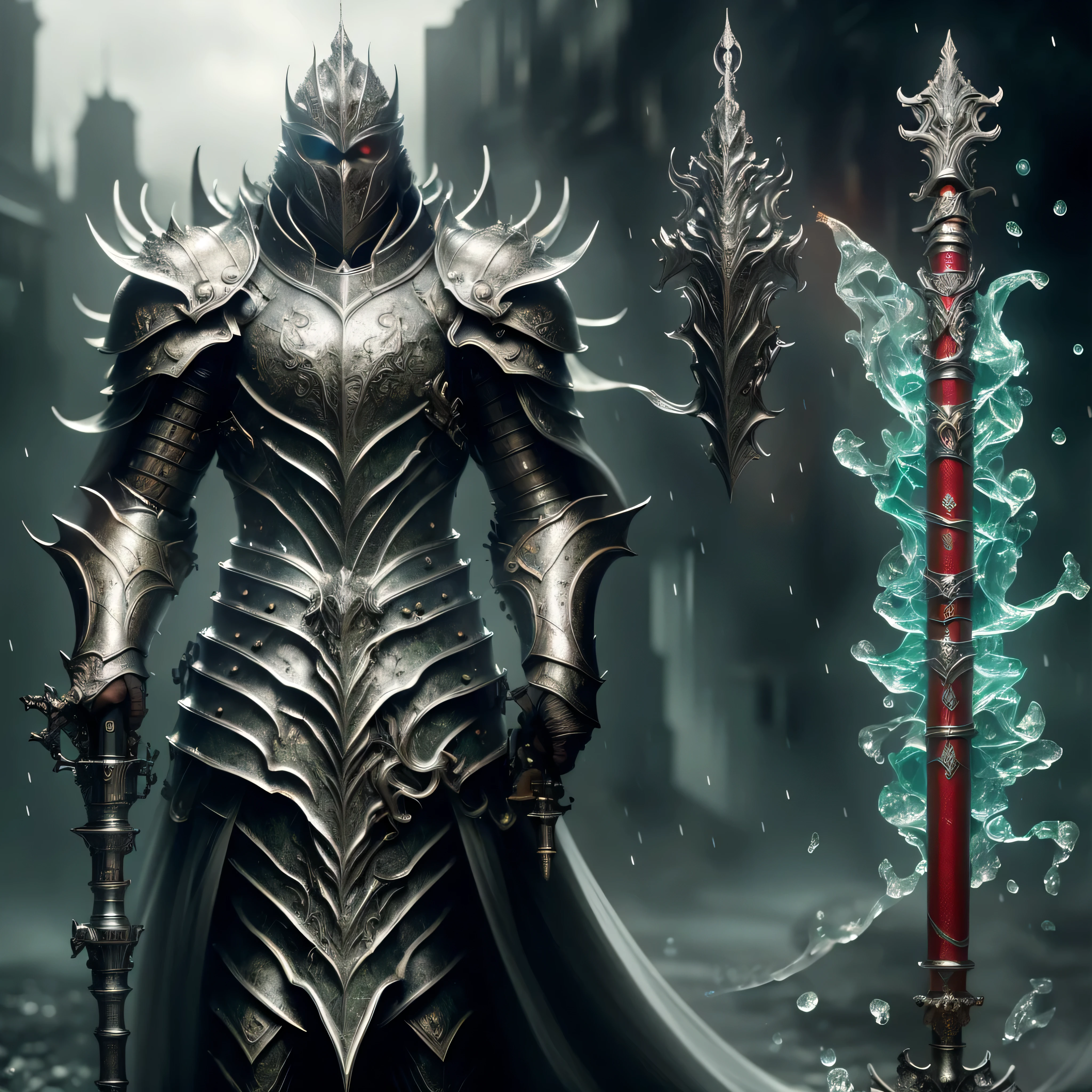 The highest-quality, photo-realistic full-body portrait of Holy Knight in heavy armor in the rain, wielding his Dragonglass cannon with a silencer and red-dot sight, grip and epic camo detailed in 8K. The art features a detailed digital artwork in the style of badass anime art, with multiple intricate details of the highest quality, Best Quality, Super Detailed, Accurate, Masterpiece, 