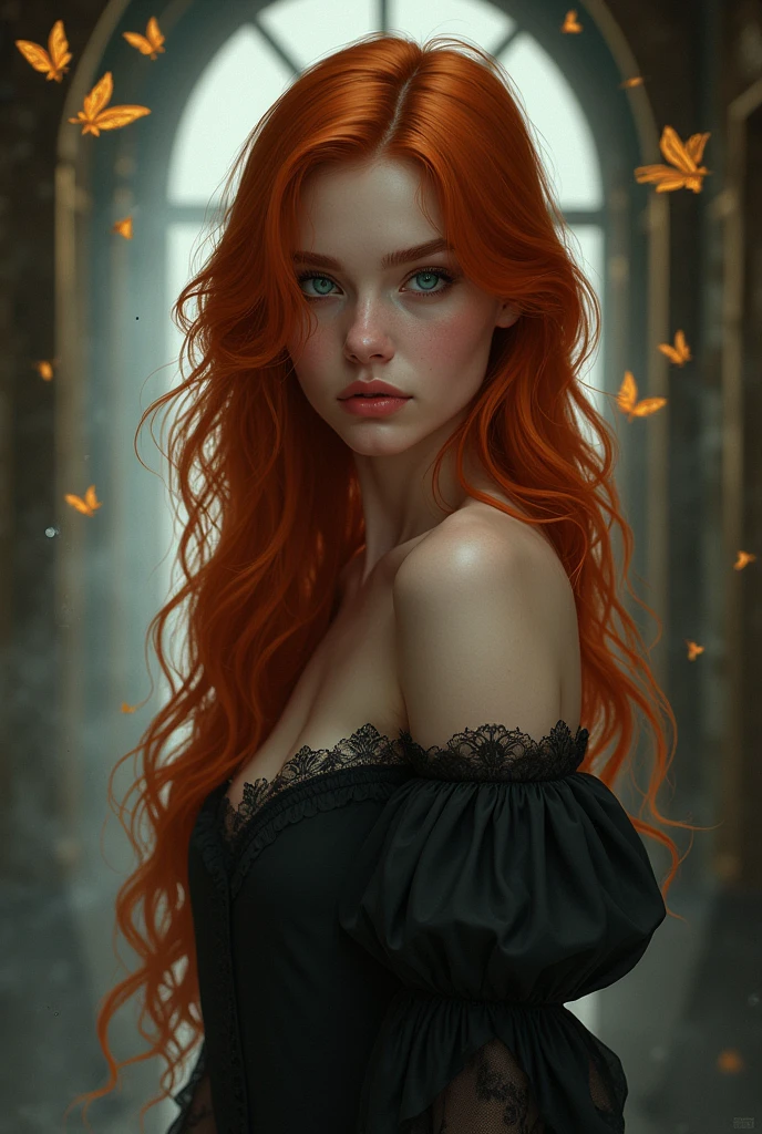 (solo, full body photo:1.3), (action packed:1.3), (haze, fog, mist:1.3), chiaroscuro, best quality, photorealistic, 1woman, (cute), (24yo:1.2), redhead, long ginger hair highly detailed, 1700'S, digital photography, art by artgerm and ruan jia and greg rutkowski surreal painting gold butterfly filigree, broken glass, (masterpiece, sidelighting, finely detailed Fashionable eyes: 1.2) (perfect oval large eyes that gazes at the viewer), beautiful detailed face, blue gorgeous perfect eyes, (blonde hair ponytail), (attractive young woman:1.3), (thick amazing hair), (seductive:1.1), (blushing:1.1)