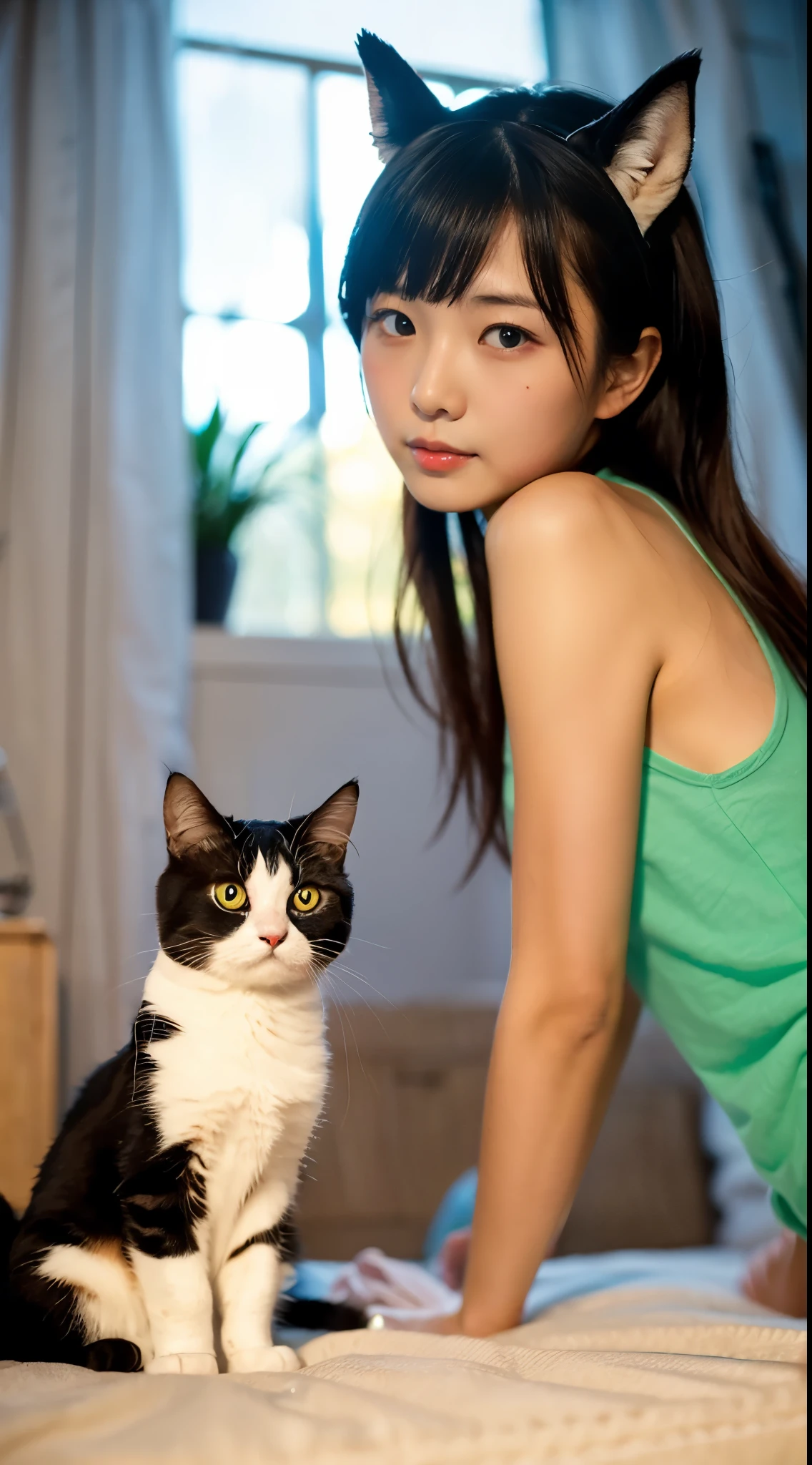 woman and a pet cat on a red carpet in a room