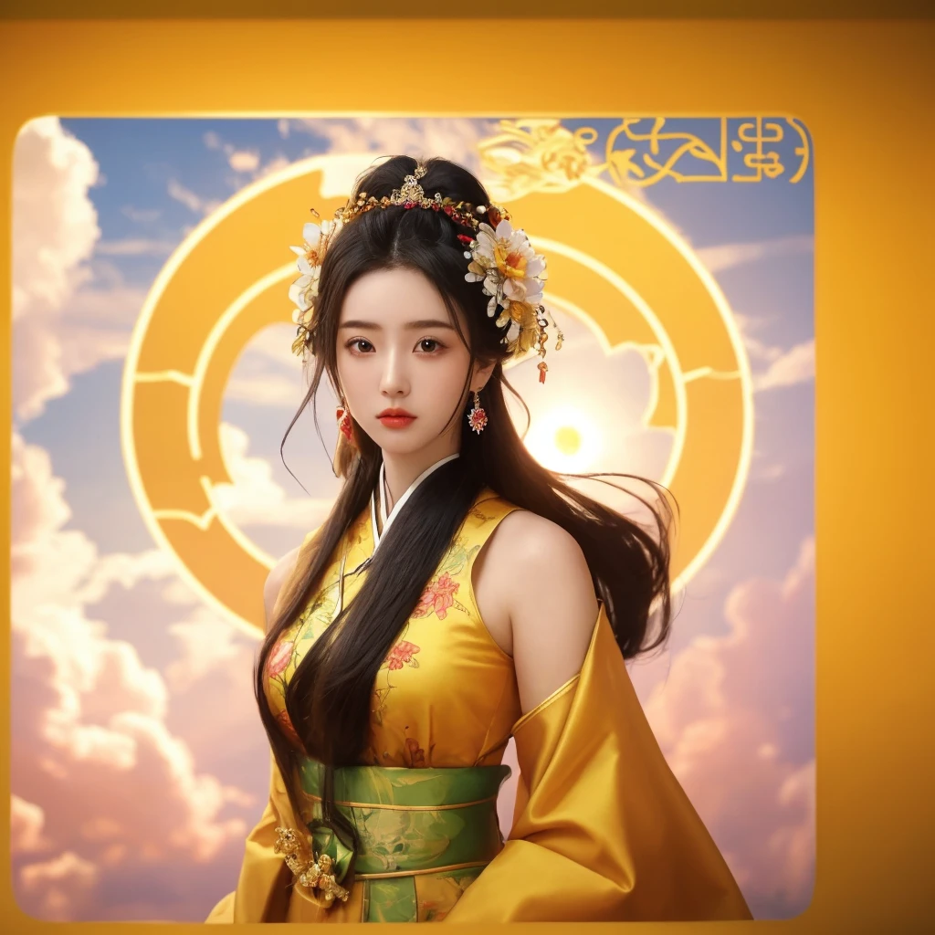 Black Hair, Immortal, Beauty, Royal sister, Stepmother, Gold Yellow Taoist robe, Golden Phoenix Coronet, Hair Bunch, Beautiful Breasts , Mature Woman,Sunshine