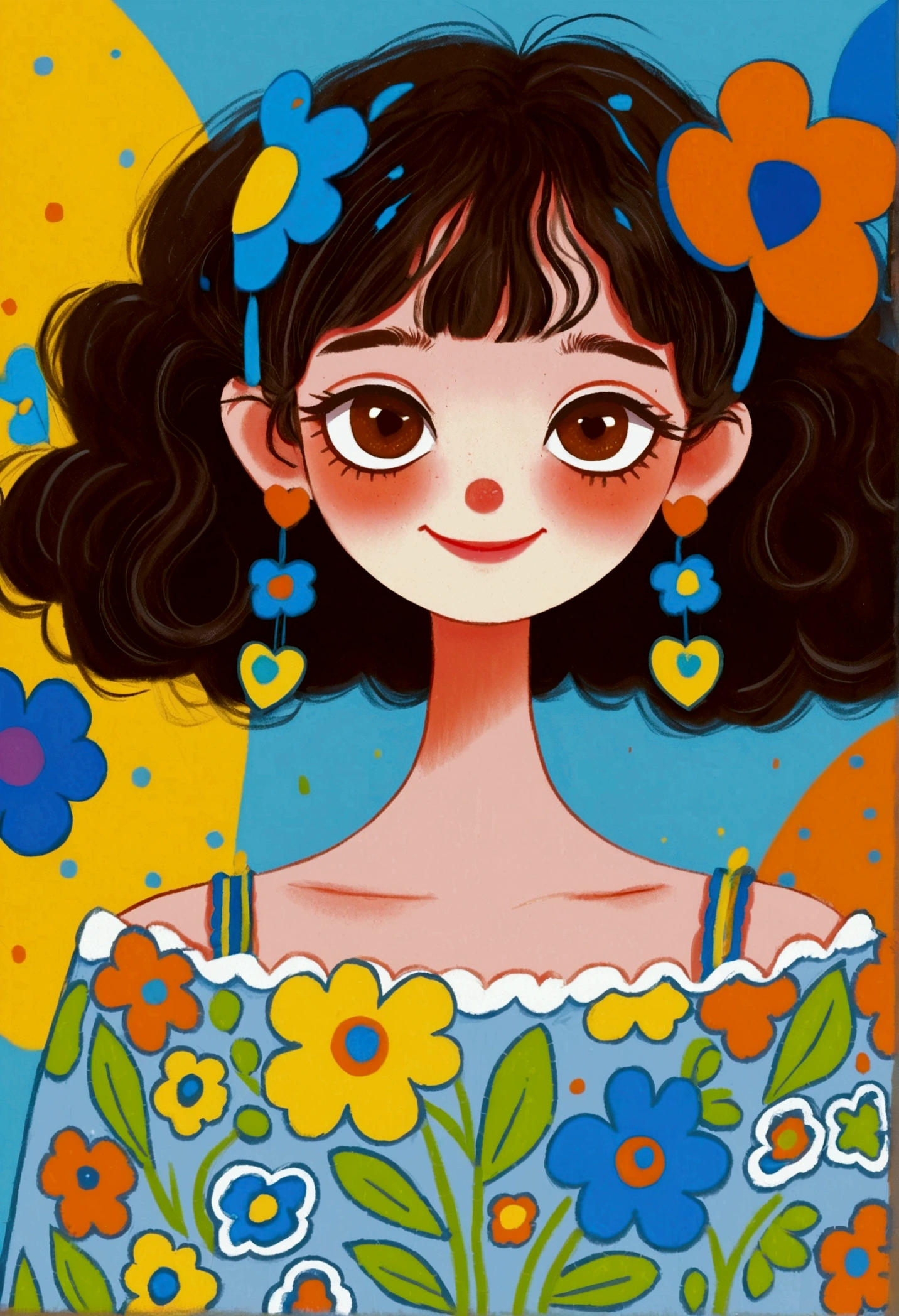 smiling, short dark brown hair with bangs, pastel blue off-shoulder top with colorful scalloped trim, large flower-shaped earrings in yellow and blue, facing forward, looking at the viewer, bright wide eyes with heart-shaped pupils, cartoon style, smooth clear skin, orange background, simple and vibrant illustration, light even lighting, cheerful and whimsical atmosphere, front view, no motion blur, digital artwork.