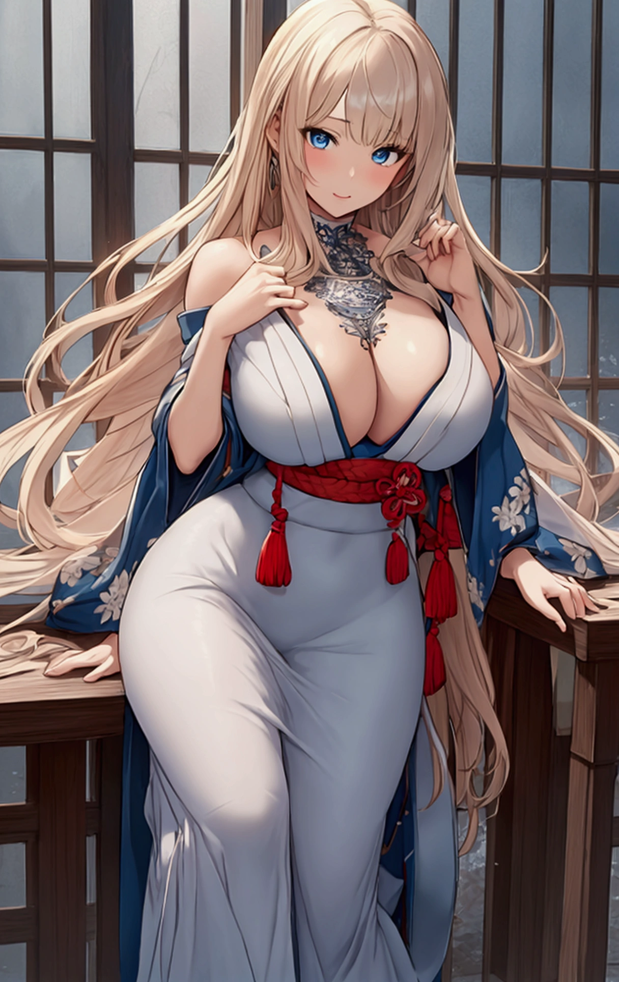 Full body image, Japanese Anime, high quality, 最high quality, Realistic, RAW Photos, Realistic, Ultra-realistic 8K CG, Ultra Detailed, High resolution, masterpiece, 1 girl, 1, Beautiful face of a woman, Soft Face, elegant, Long Hair, blue eyes, Light blue eyes, close, Intricate details, Detailed Texture, Delicate details, front , Natural female body, sexy, Very beautiful young woman&#39;s face, Big Breasts