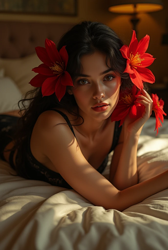 Beautiful woman shows her beautiful body, lying on red petals and in the pelvis a bouquet of flowers 