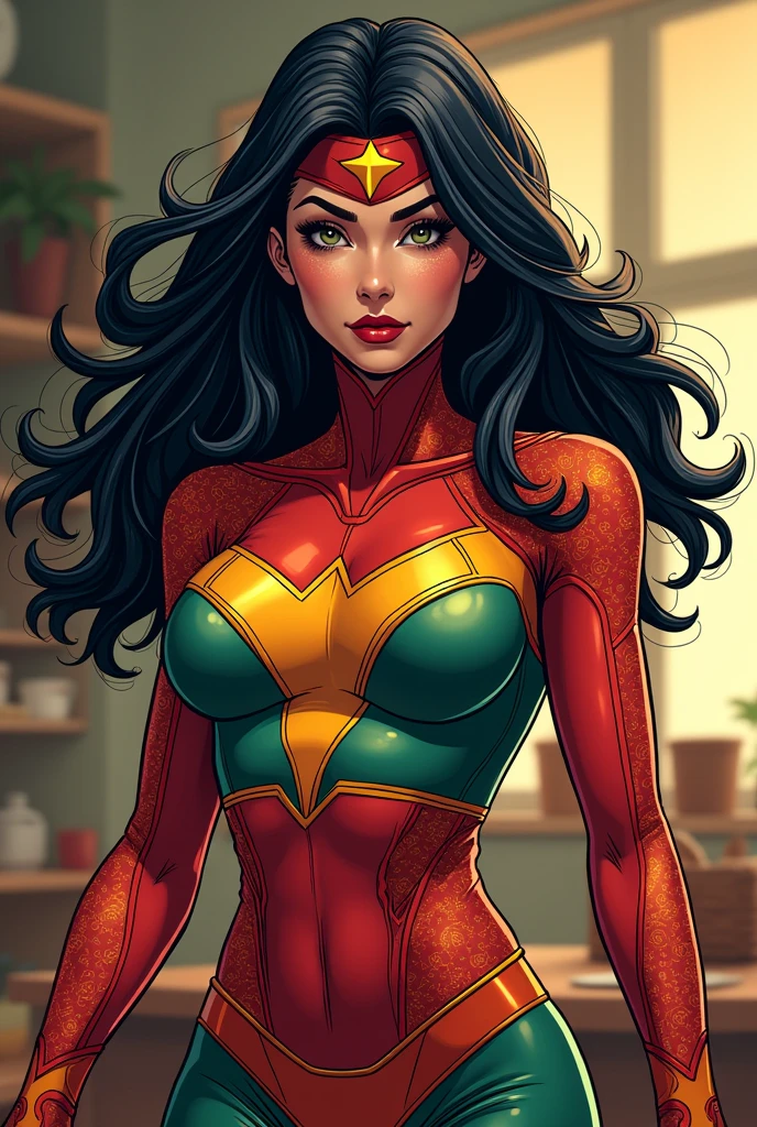  junto com o demolidor personagem das HQs da Marvel  de 35 anos, Jennifer Connelly very long to the waist and half curly with bangs, seios pequenos, olhos grandes com um brilho apaixonado, olhos verdes mel, Um lindo sorriso, vestindo uma camiseta preta longa com um terno feminino verde e jeans, in a serious and sweet comic-style pose, alta qualidade Jennifer Connelly (estilo de desenho animado:1.2),  [(lindas mulheres de meia idade]) desenho de vestindo um moletom folgado e oversized, grande sorriso, olhos perfeitos, rosto detalhado, fundo de festa, pose divertida, olhar sedutor, confete, simple white background along with a demolition man character from the Marvel comics a drawing of a man with a red outfit and a red mask, devil man the character&#39;s name is chad, Reckless, teiro, por Thomas Dalziel, corpo inteiro em tiro, boys tv show superhero, estilo Mike Mignola, devilman selvagem de corpo inteiro, , close up