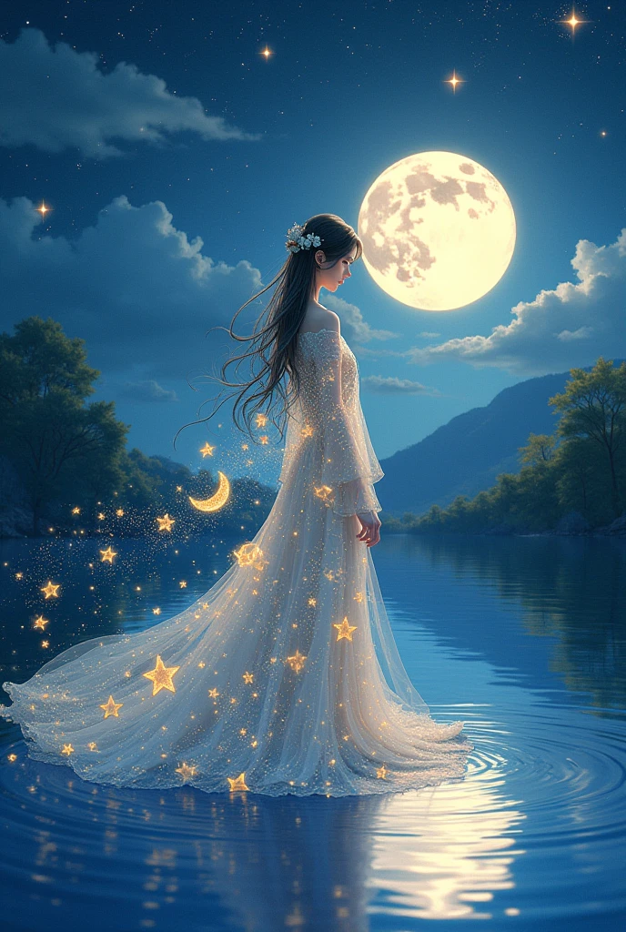 A highly condensed beauty dressed in a painting of stars and moons in the river and sky., conceptual art inspired by Tosa Mitsuoki, pixiv contest winner, The best quality, fantasy art, beautiful anime scenes, a round of bright moon, starry sky environment in the moonlight, painting of dreams, anime background art, dream landscape art, fantastic night, anime background, Background illustration, fantastic art, atmospheric anime, starry sky, detail improvement.  