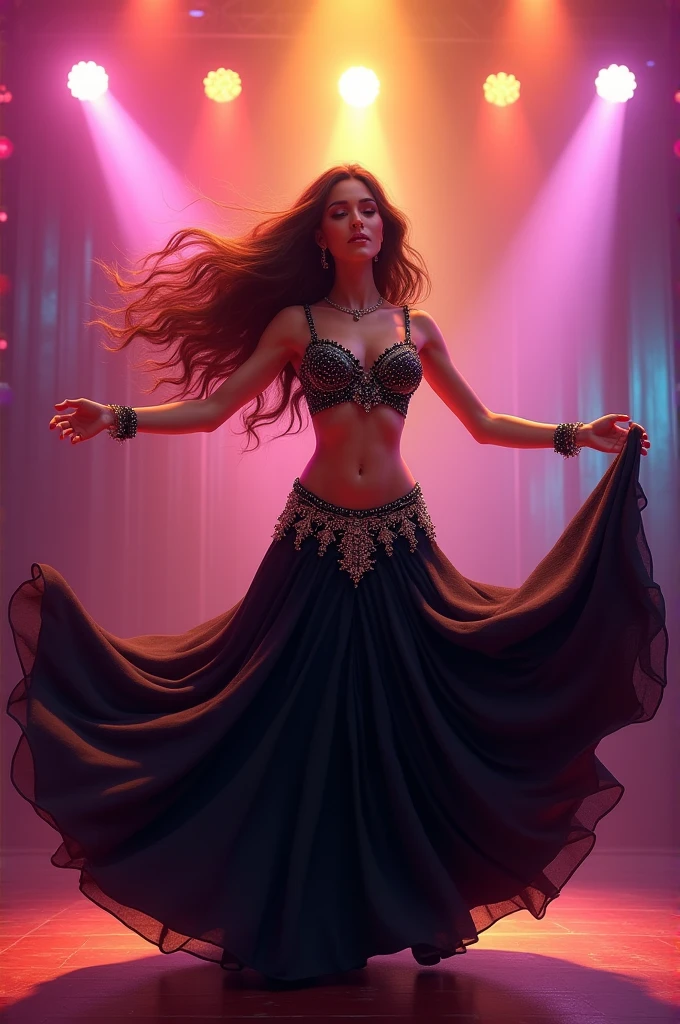 a beautiful arabic-style anime dancer with flawless brown skin dancing gracefully, her alluring poses and captivating gaze enchanting all who watch, detailed intricate dress, long flowing hair, large bust, surrounded by a crowd of onlookers, (best quality,4k,8k,highres,masterpiece:1.2),ultra-detailed,(realistic,photorealistic,photo-realistic:1.37),vibrant colors,dramatic lighting,ethereal,stunning,mesmerizing