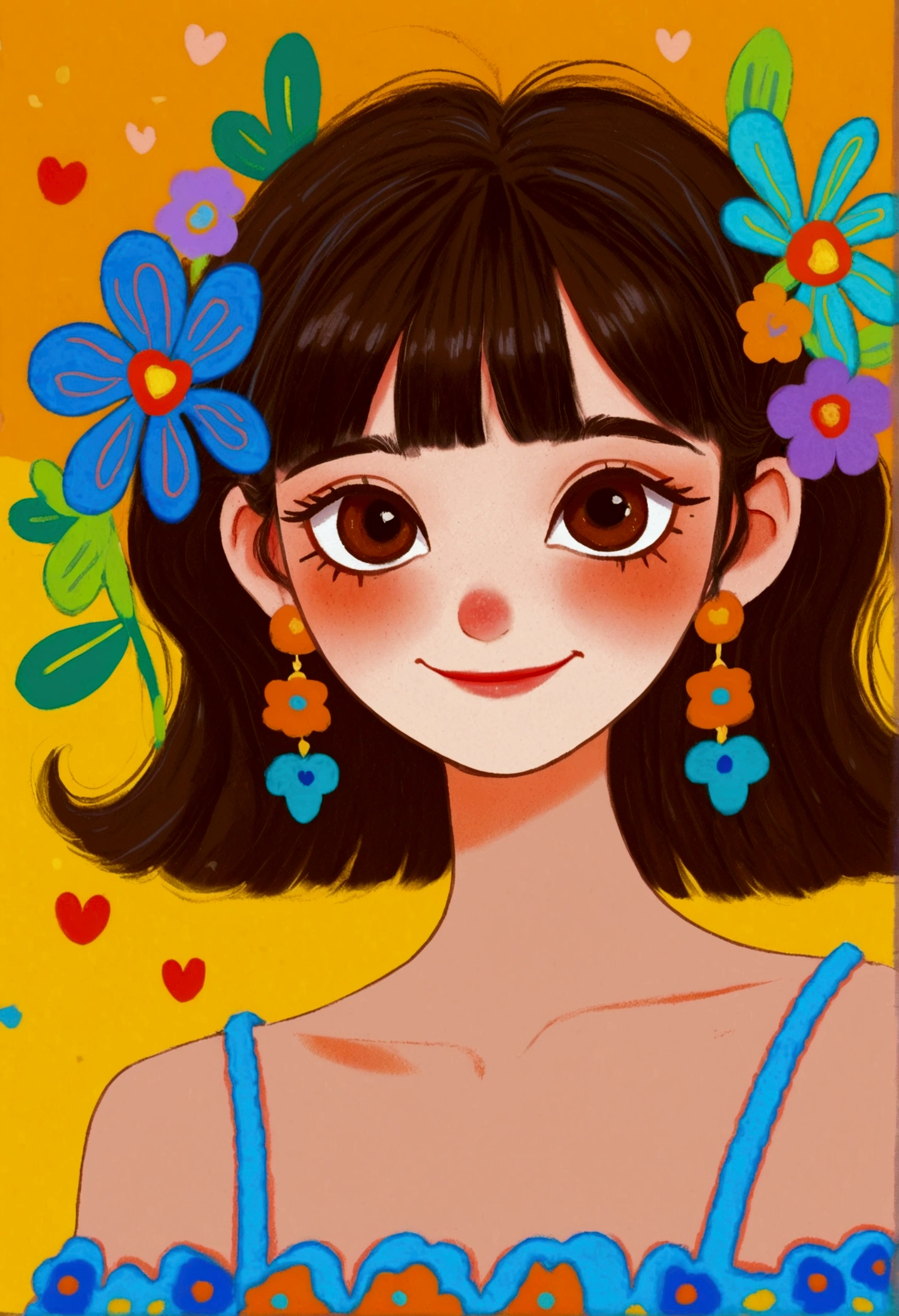 smiling, short dark brown hair with bangs, pastel blue off-shoulder top with colorful scalloped trim, large flower-shaped earrings in yellow and blue, facing forward, looking at the viewer, bright wide eyes with heart-shaped pupils, cartoon style, smooth clear skin, orange background, simple and vibrant illustration, light even lighting, cheerful and whimsical atmosphere, front view, no motion blur, digital artwork.