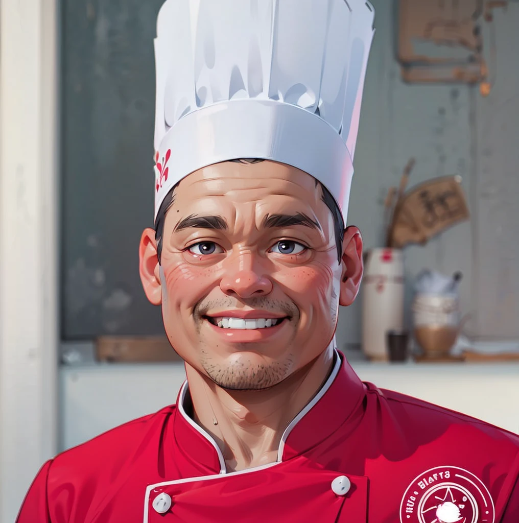  A chibi caricature portrait of a cheerful Japanese chef with an oversized head, large eyes, and a tiny body. He wears a giant white chef's hat and a bright red jacket with white piping, standing in front of a blurred modern kitchen with grey and white tones. His warm smile and friendly demeanor create a cute, inviting atmosphere, with soft natural lighting focusing on the playful chibi proportions --v 6.0
