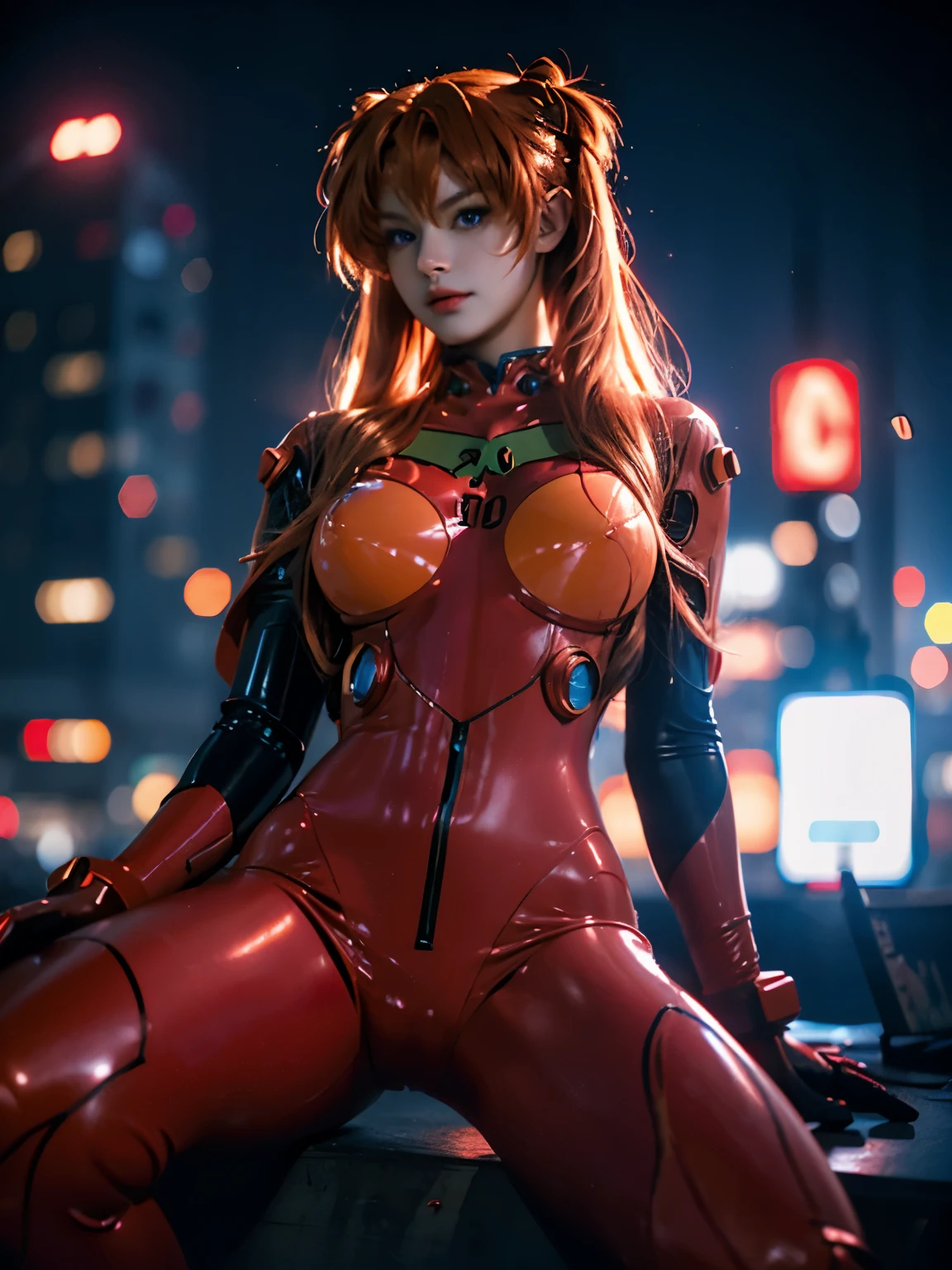 a sexy  german girl, red hair, cosplay as asuka langley, wearing tight red plugsuit, futuristic cyberpunk at night, city light, neon lights, 8k, standing, FRONTAL SHOT, low angle, realistic face,  show nipples, show vagina, open legs:1.4.