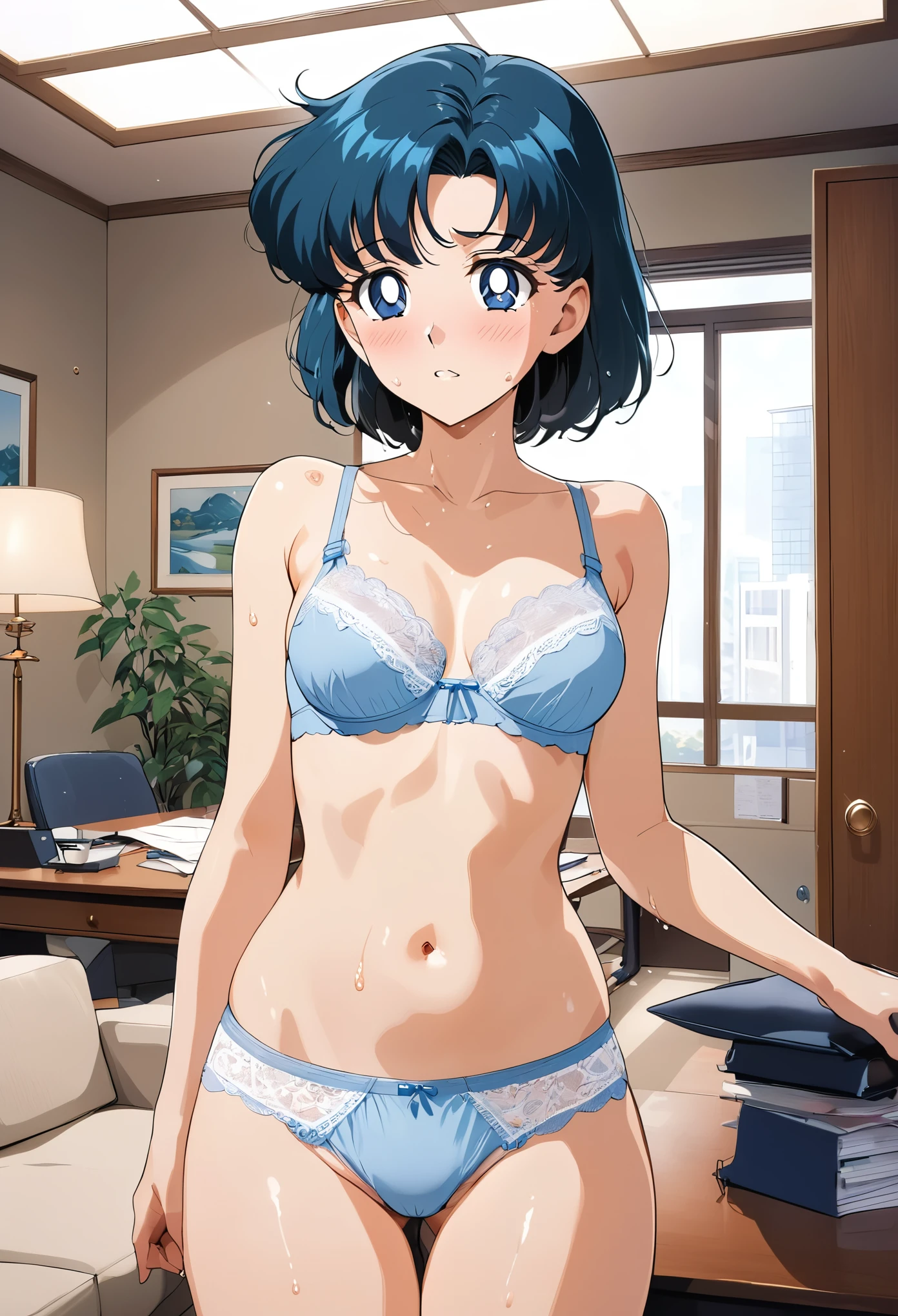 masterpiece, Best Quality, High resolution, (Mizuno Ami),1990s \(style\),height: 155cm,Blue Hair, ((lace trim panties), (lace trim bra), (In underwear), (Flashy underwear), (lingerie)),sexyな長い脚, ((indoor, Office, living room) ,(Normal chest)、Sweating all over the body、vapor、Muscular、sexy、Her face distorts with pleasure、Sweaty、Front view、Serious expression、look up,Semen splattered on face、Anime-style painting style,Composition with emphasis on the upper body