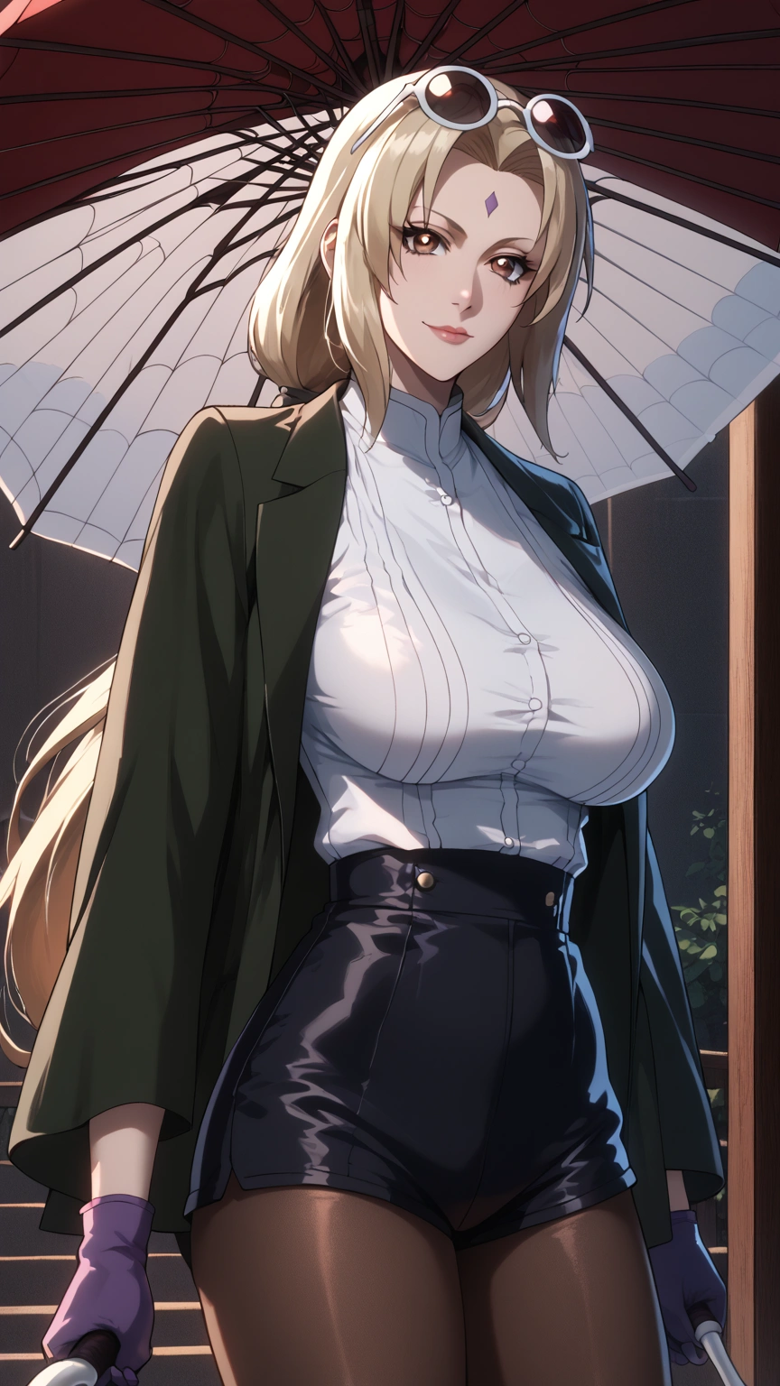 score_9, score_8_up, score_7_up, score_6_up, uncensored, tsunade senju \(naruto\), long hair, blonde hair, forehead, forehead mark, low ponytail, lips, brown eyes, BREAK (masterpiece:1.2), best quality, high resolution, (beautiful detailed eyes:1.3), perfect lighting, (perfect hands, perfect anatomy), large breasts, sagging breasts, umbrella, holding umbrella, thug shirt, 1girl, high-waist shorts, solo, breasts, round eyewear, eyewear on head, pantyhose, umbrella, shirt, white shirt, large breasts, shorts, black jacket, sunglasses, looking at viewer, jacket, long sleeves, holding umbrella, thighs, pantyhose under shorts, black shorts, smile, black pantyhose, purple gloves, gloves, transparent umbrella, cowboy shot, spider web print,
