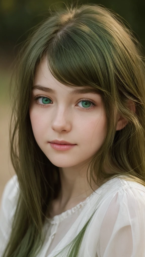 a girl. European. Extremely detailed face. Oval face. Delicate facial features. Half-closed eyes. Long straight hair. Messy hair. Bangs. Green hair. Green eyes. Pensive. Melancholic. Ethereal. Innocent. smile
