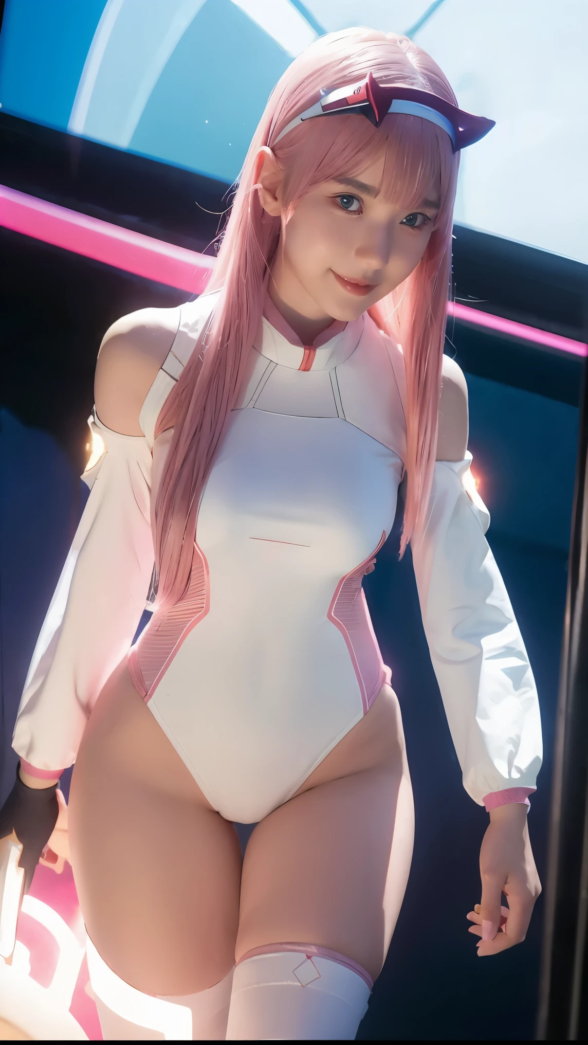 (Overhead view),dynamic angle,ultra-detailed, illustration, straight on, 1girl, ((Zero two, interface headband with a pair of horns, red bodysuit:1.4, pink hair)), Her eyes shone like dreamy stars,(glowing eyes:1.233),(beautiful and detailed eyes:1.1),(expressionless, closed mouth),(standing), (mechanic room with tools and spaceship window in a white SPACESHIP), (night:1.2), dreamy, [[delicate fingers and hands:0.55]::0.85],(detail fingers), smile, POV from below