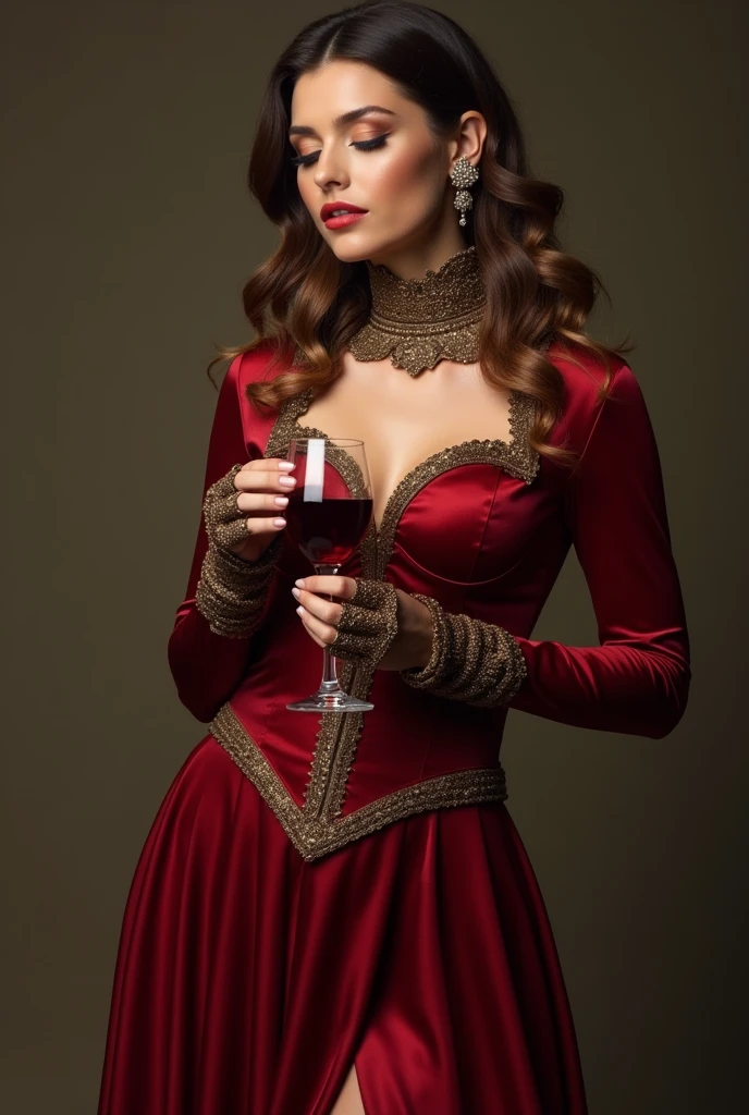 A young female vampire, beautiful, in a silver gown, holding a glass of wine in her hand. --auto --s2