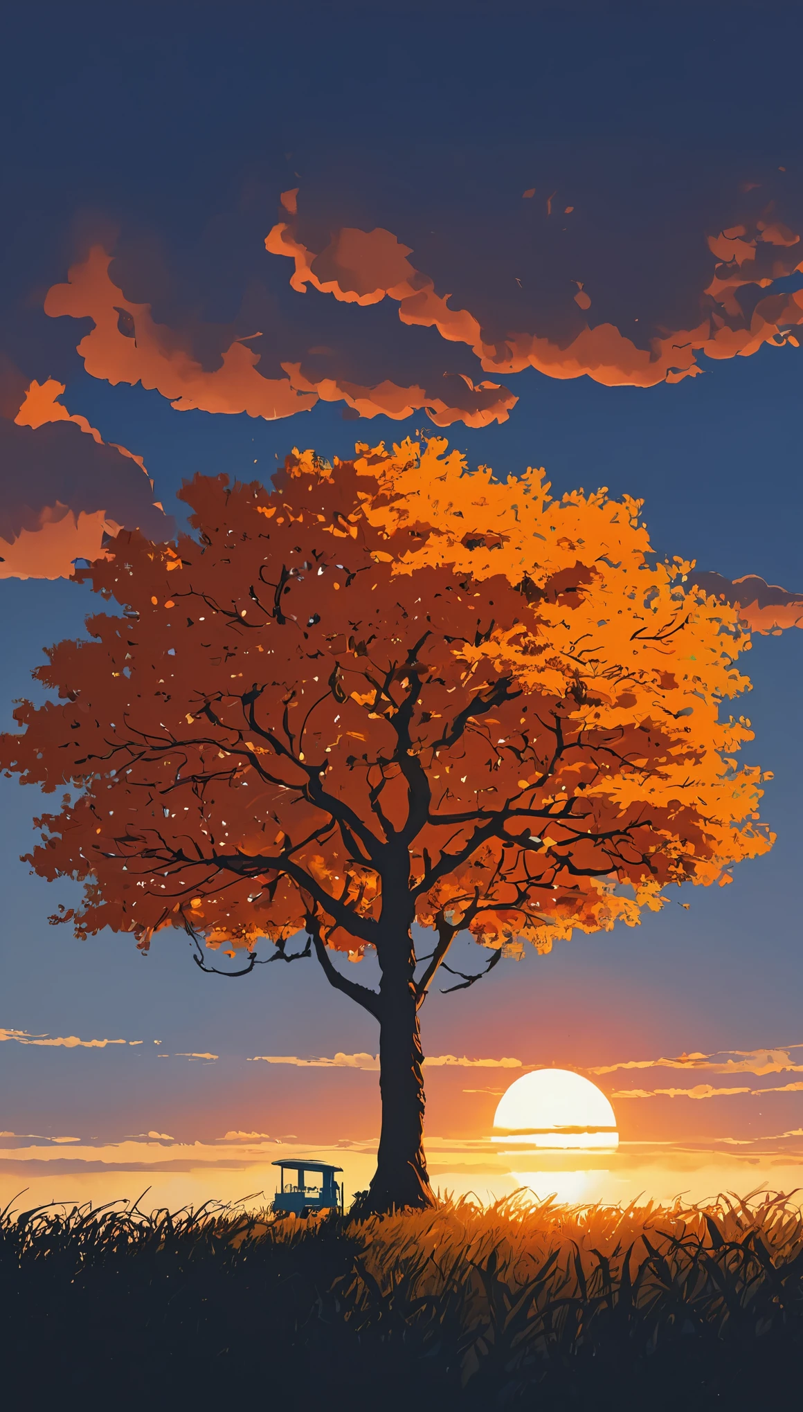 (Minimalism:1.4), Draw a simple Tintin style art of a tree with orange fruits, lonely sunset, clouds , studio ghibli art, miyazaki,  , Makoto Shinkai!!, anime movie background best quality best of SeaArt HD
