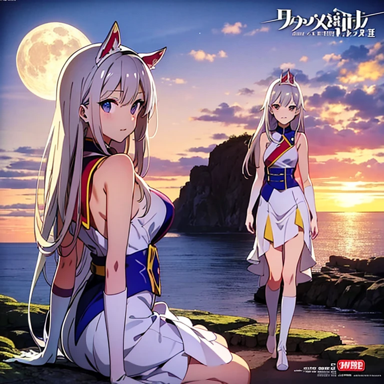 Anime girl walking near a cliff, Beautiful fantasy anime, high detailed Official Art, Silver-haired god, Shadowverse Style, Anime Goddess, Nightcore, Detailed Key Anime Art, Official Art, Masterpiece Goddess of Beauty, Anime fantasy illustration, Detailed digital anime art, Epic light novel art cover, From the Arknights video game, Anime fantasy artwork, Calm background, Bright white moon, white beach dress, View of the sea