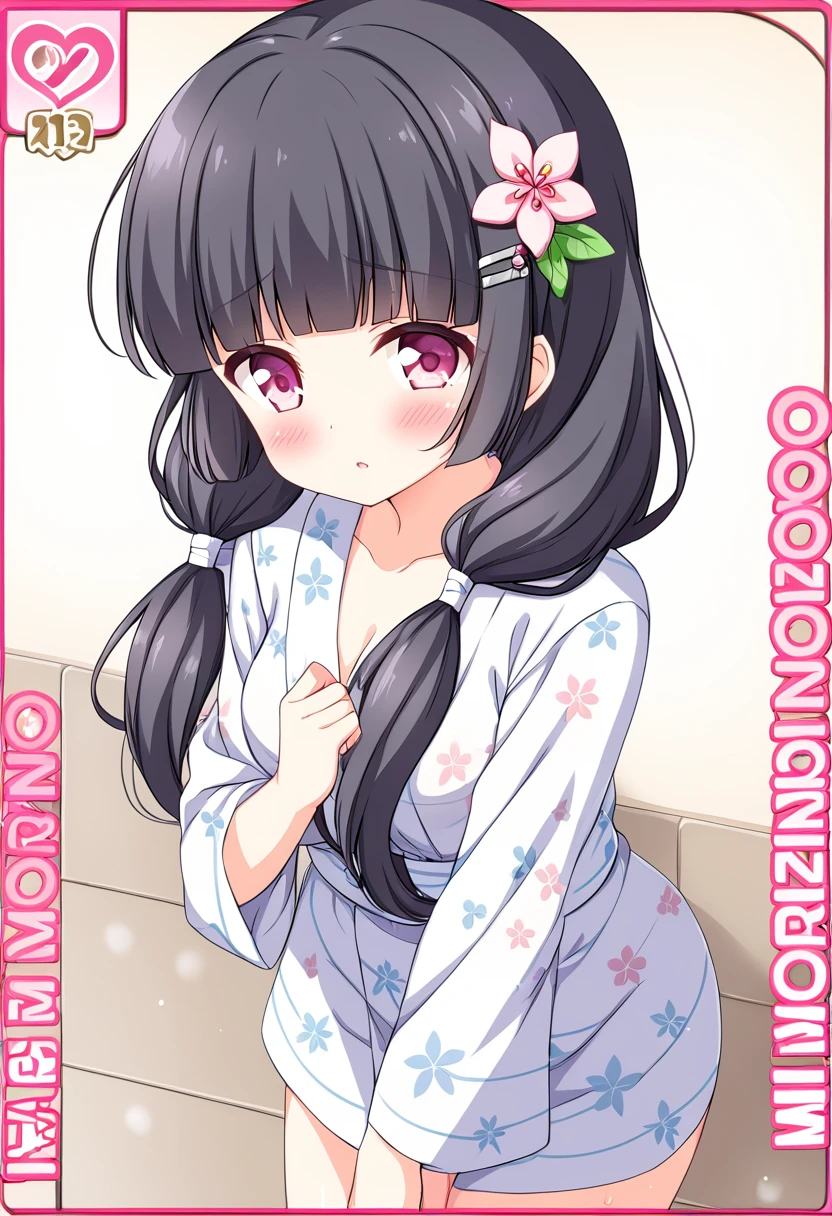 nsfw,((womanを一人だけ描く))、(Alone Girl)、(１woman)、MORIZONOMEI, BLACK HAIR, HAIR FLOWER, HAIRCLIP, BLUNT BANGS, LOW TWINTAILS, HAIR OVER SHOULDER, LONG HAIR, PINK EYES,High image quality、anime、Alone、clear,美しい日本のwoman、Smaller breasts、Beautiful breasts、hot spring、hot springの脱衣所、Wearing a yukata