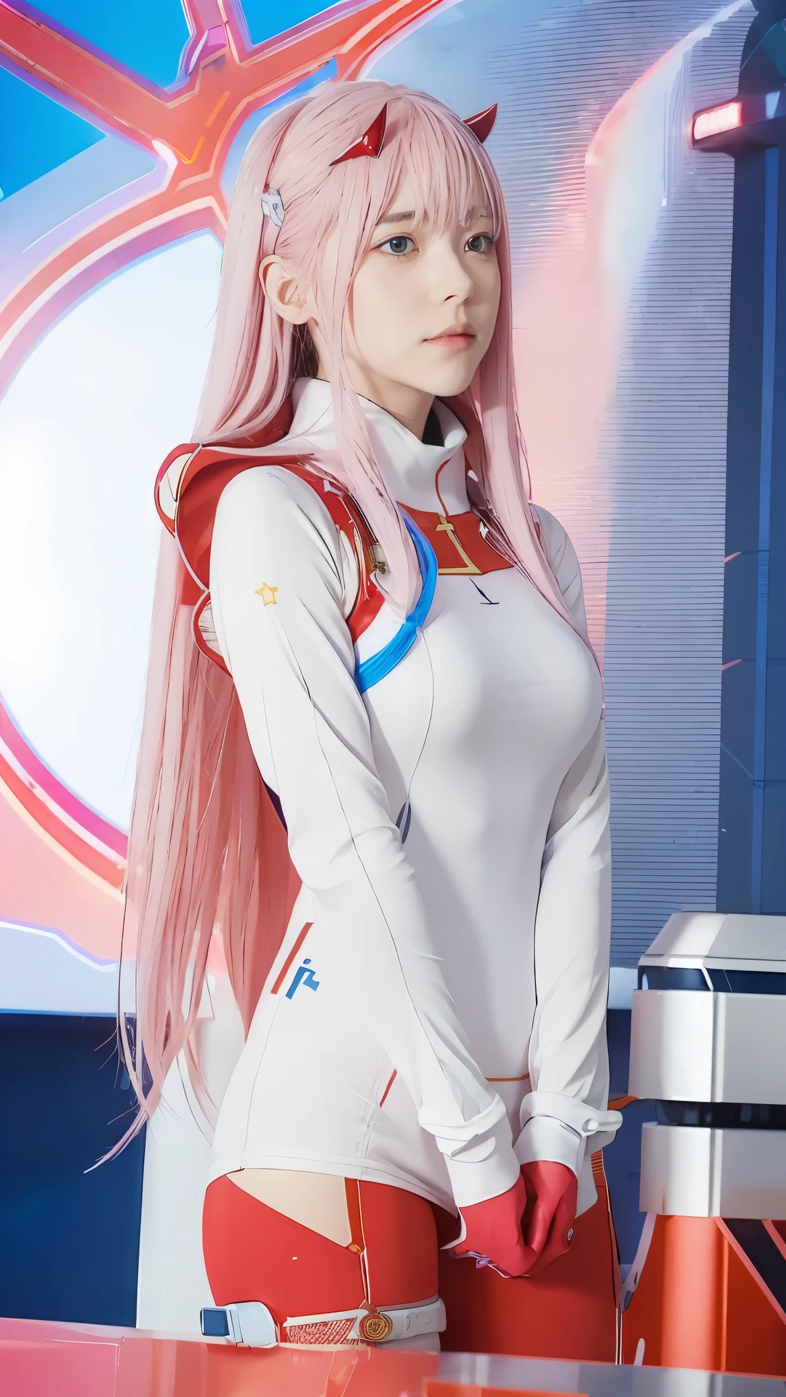 Masterpiece, top quality, best quality, official art, beautiful and aesthetic, anime, 1girl, Zero Two, extremely detailed, colorful, more detailed ((ultra-detailed)), (highly detailed CG illustration), solo, pink hair, pair of horns, verd s eyes, long hair, (focus on character), pilot outfit, red bodysuit with white details, science fiction, blood