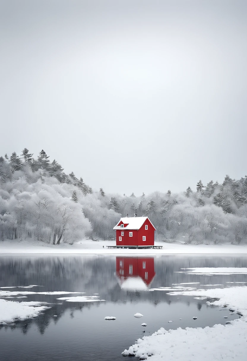 Akos Major，Quiet lake，There is a small red house on the shore，Snow on the roof，Scenery，Grayscale