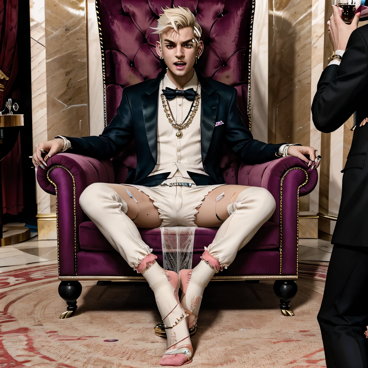 full body view, extremely over-fag fashion european arrogant handsome queer platinum blond undercut boy, skinny in hyper-hype fashion outfit and lots of jewelery, very long dirty nails, sprawled on luxurious red velvet armchair, drinking Champagne, drunk, screaming, at fashion week, Paris. Hermes fashion luxurious slides and largely torn white filthy ruffle sheer ankle socks. Slapped by his wealthy suited angry preppy boss. His filthy torn socks must be seen out of the slides