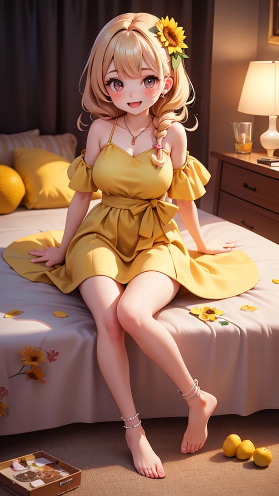 masterpiece, 1girl, cowboy shot, beautiful dress, bedroom background, medium breast, yellow hair
