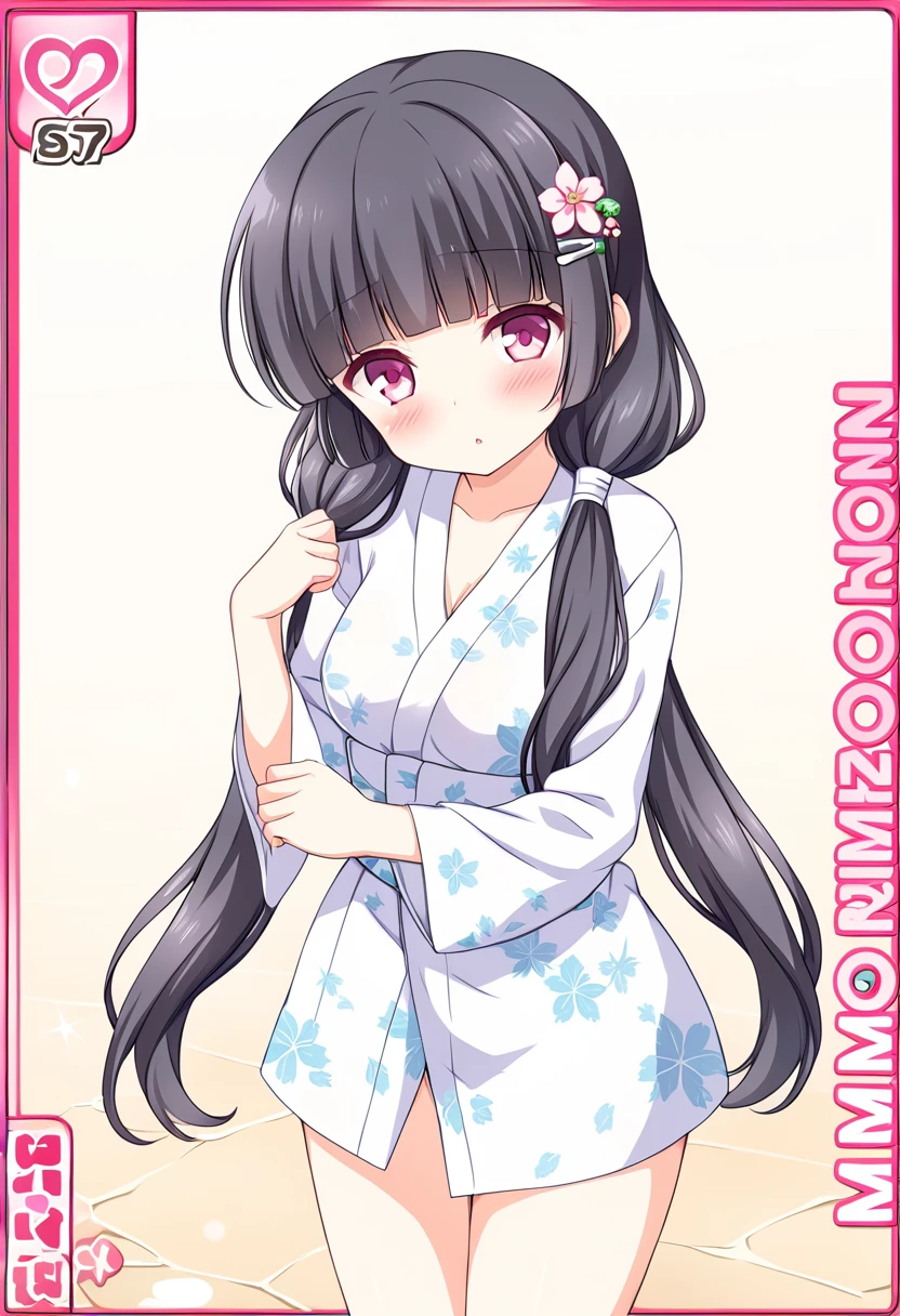 nsfw,((womanを一人だけ描く))、(Alone Girl)、(1woman)、MORIZONOMEI, BLACK HAIR, HAIR FLOWER, HAIRCLIP, BLUNT BANGS, LOW TWINTAILS, HAIR OVER SHOULDER, LONG HAIR, PINK EYES,High image quality、anime、Alone、clear,美しい日本のwoman、Smaller breasts、Beautiful breasts、hot spring、hot springの脱衣所、In the middle of taking off the yukata