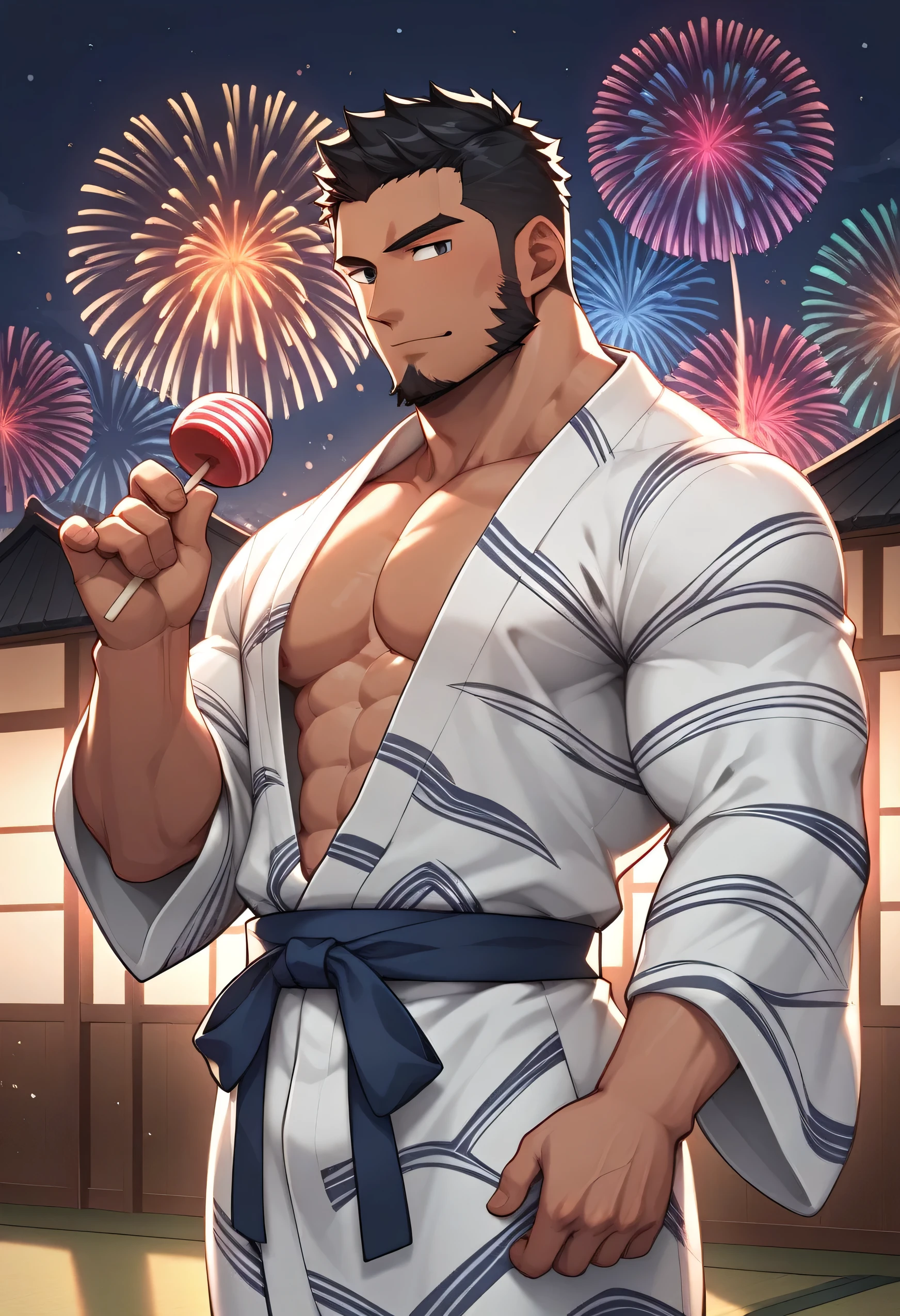 A Japanese man is standing in a yukata, holding cotton candy. His muscles, slightly exposed through the yukata, are sexy. It is late at night, and large fireworks can be seen in the background.
The man is in his 40s, has dark skin, short black hair, a beard, and looks a little unreliable.