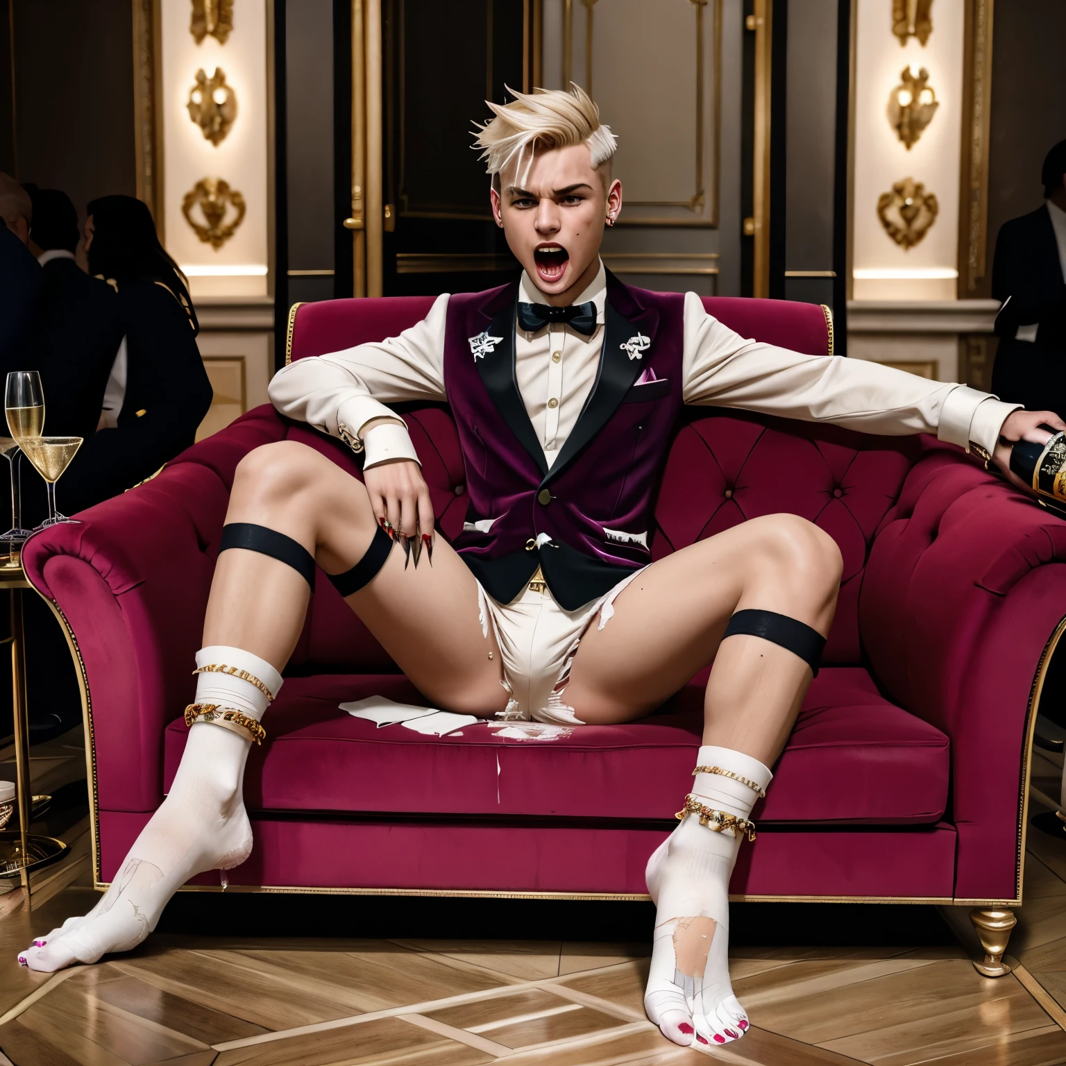 full body view, extremely over-fag fashion european arrogant handsome queer platinum blond undercut boy, skinny in hyper-hype fashion outfit and lots of jewelery, very long dirty nails, sprawled on luxurious red velvet armchair, drinking Champagne, drunk, screaming, at fashion week, Paris. Hermes fashion luxurious slides and largely torn white filthy ruffle sheer ankle socks. Slapped by his wealthy suited angry preppy boss. His filthy torn socks must be seen out of the slides