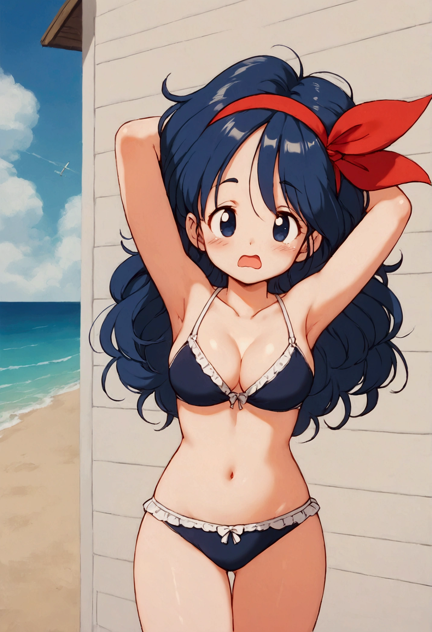 score_9, score_8_up, score_7_up,score_6, score_5, score_4,BREAK ,(breast focus:1.5), from above, cowboy shot, 1girl, launch good, blue eyes, blue hair, long hair, curly hair, nsfw,strings bikini, navy bikini, cleavage, bare hands , bare foot, big breasts, big hip,  sad eyebrows, very sleepy eyes, frown ,wide open mouth, wavy mouth, yawning, arms up, arms behind head, outside, beachside,sky,cloud ,sea, anime style, key visual, vibrant, studio anime,highly detailed,masterpiece, best quality,
best aestethic, absurdres,cinematic lighting,(cell anime)