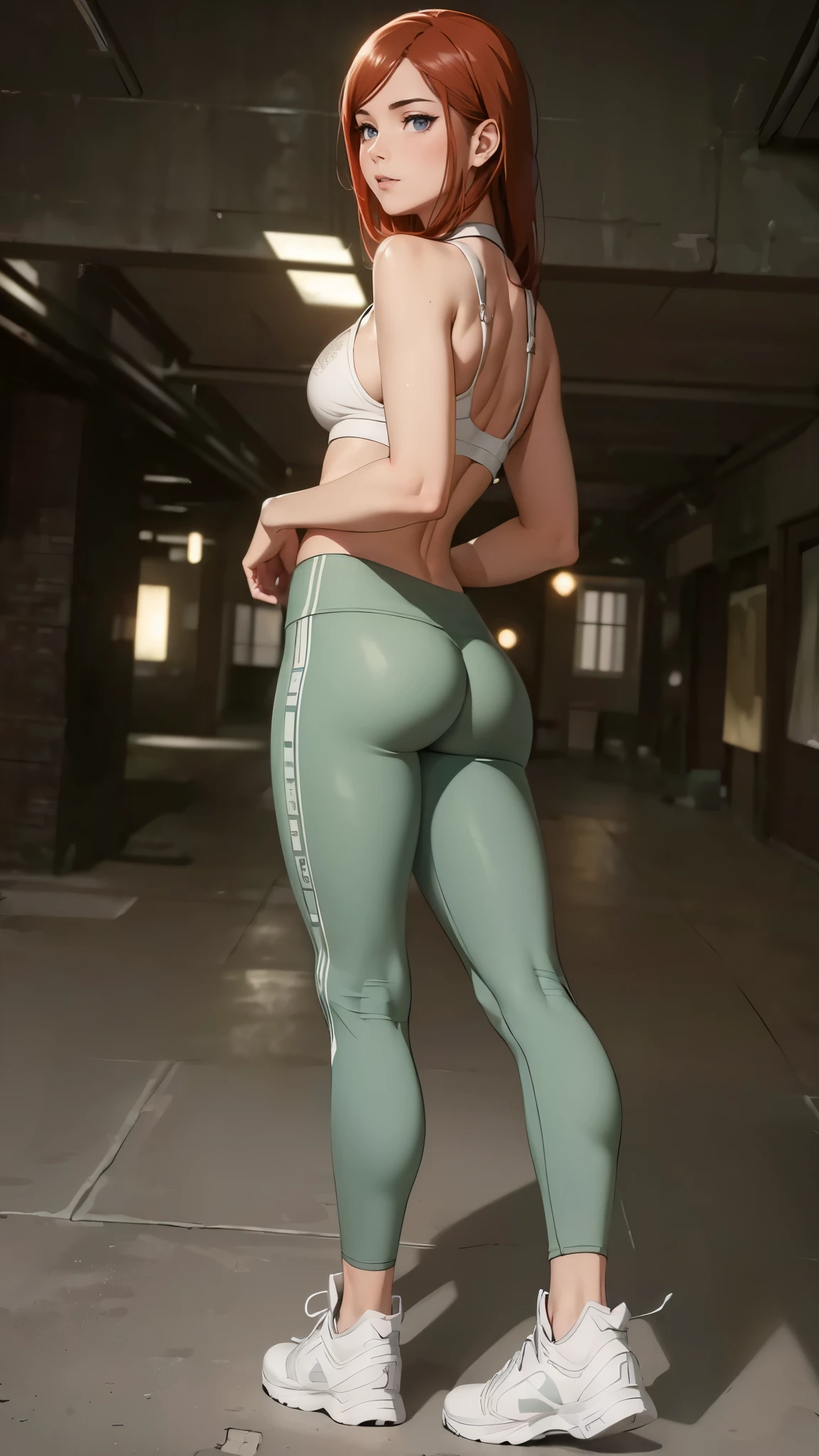 ((1girl, solo)), (large breasts:1.5), beautiful body, (perfect anatomy, perfect body, perfect hands, perfect legs), nice hands, natural proportions, sexy body, standing, from behind BREAK
((extremely detailed face)), purple eyes, (beautiful detailed eyes:1.6), (realistic pupils, realistic iris:1), expressive eyes, looking back, looking at viewer, (clear eyes:1.3), (hyperrealistic:1.2), (detailed skin texture:1.2), smooth skin, (red hair:1.5), hair over shoulder, (detailed lips:1.2), (attractive lips:1.1), (glossy lips:1.1), smile, perfect face, perfect eyes BREAK
white sports bra, midriff, leggings, green yoga pants, high waist pants, skin tight, ass, white footwear, sneakers BREAK
(masterpiece:1.5), anime-style, top quality, best quality, (beautiful and aesthetic:1.2), (ultra detail:1.5), Ultra-detailed depiction, Ultra-precise depiction, extremely detailed 8k illustration, high resolution, (highly detailed shading:1.2), (realistic lighting:1.4), perfect lighting, vibrant colors, dynamic tones, striking hues, 8k, absurd resolution, perfect shadows, hdr, UHD, ambient lighting, realistic, ultra-realistic, photo realistic, highly detailed, rich detail, luminous colors, fine texture, intricate design, professional illustration, (soft light:1.2), (illustration:0.7)