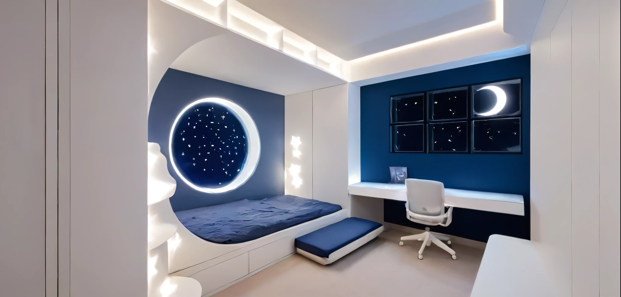 The room is a modern, space-themed bedroom designed for a small area. The walls and furniture are in shades of blue and white, with a minimalistic yet playful feel. The single bed is built with storage drawers underneath and features gray bedding. Above the bed, the ceiling is decorated with LED lights resembling stars, while the wall has a large moon and star decorations to enhance the space theme. A sleek built-in desk is attached to the wall, with a computer sitting on it, alongside a bookshelf illuminated by soft LED lighting. The white sculptural chair at the desk has a unique, artistic design, adding a modern touch. A large window lets in natural light, brightening the room. Soft LED strip lights are installed underneath the bed and along the edges of the furniture, creating a cozy and futuristic atmosphere.