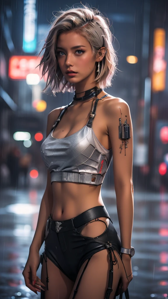 High resolution, masterpiece, high quality, Textured skin, Ultra high definition, Background Blur, far and near method, woman、Large Breasts、Red lips、belligerent look、Cyberpunk、Neon city at night、rain、Near future、Walking towards here、Short blonde hair parted in the center、solo, Look at, 