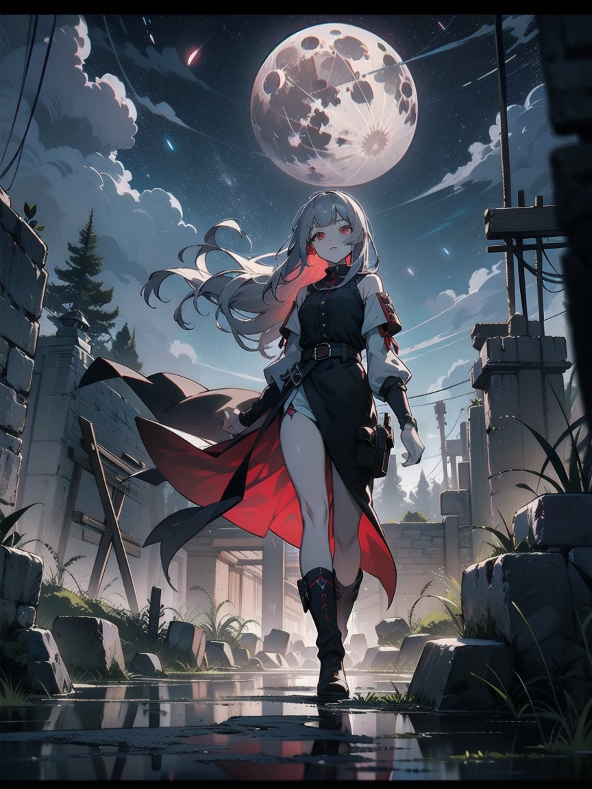 A 20-year-old girl with long silver hair down to her waist, red eyes, and a serious expression. She wears a black dress and tall black boots. Her skin is pale, and her lips are red. She exudes a dark aura. A shadowy monster lurks behind her. She stands in a combat stance, facing forward, with stones rising around her due to her power. The background is a starry night with a full moon in the distance, Ensure the moonlight casts dramatic shadows and highlights the silver sheen of her hair and the dark aura surrounding her, Emphasize the texture of the dress and boots, the glow of her red eyes, and the sharpness of the stones levitating around her, Create a contrast between the dark, ominous aura and the serene, starry sky, with the full moon providing a mystical ambiance, Capture the sense of power and tension in the scene, with the stones mid-air and the girl's stance suggesting imminent action.