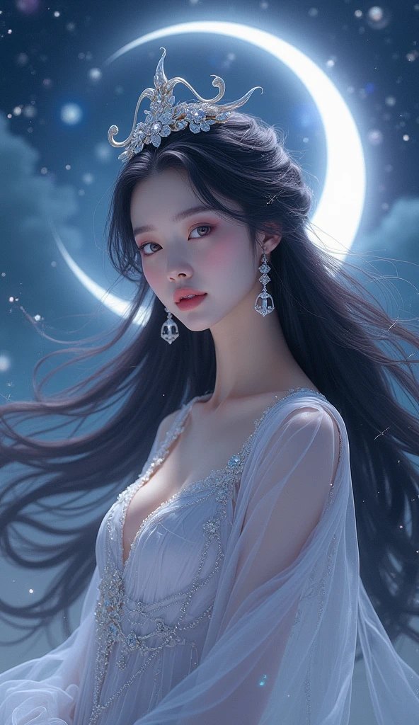 masterpiece, (Highest quality: 1.2), (Super fine: 1.2), figure, (Very delicate and beautiful: 1.2), Film Angle, floating, (Beautiful detailing: 1.1), (Detail Light: 1.1), Film Light, Delicate Sky, woman, Gray Hair, Blue eyes, (High Ponytail: 1.1), cape, Glowing Eyes, (moon: 1.2), (moonlight: 1.1), Starry Sky, (Particles of light: 1.1), fog , Snow Painting, sketch, flowering,Front image
