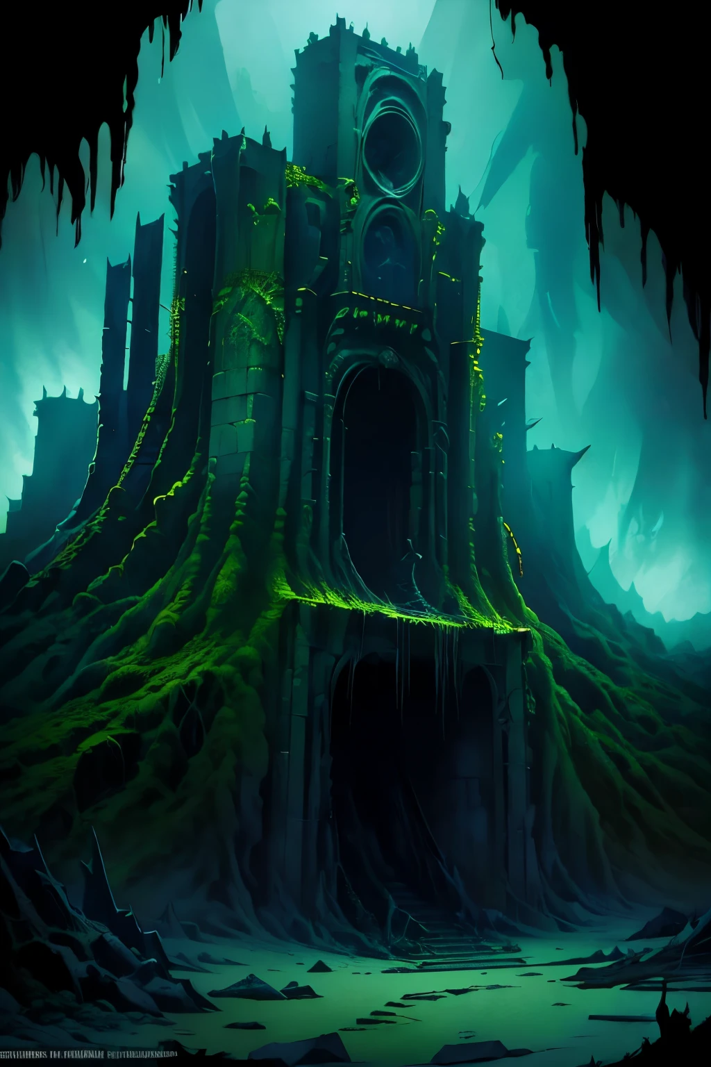 Panorama of an arcane and imposing prison, with spiral towers and mystical walls shrouded in enchanted mist. Ethereal chains seal a colossal monster within, radiating a dark and ancient power. Runes shine on the walls, emanating danger and mystery.