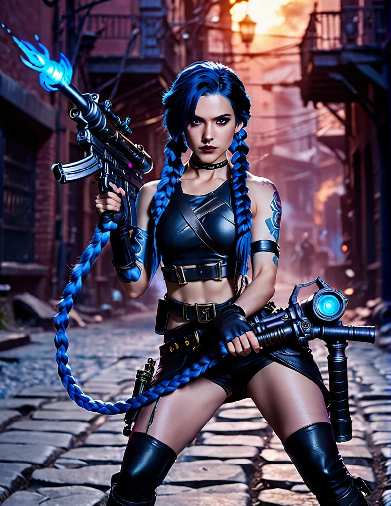 cinematic photo Professional of a beautiful ((ohwx woman)), blue braided black hair, colorful makeup,  inspired by the character jinx from Arcane, imposing position, he would be, holding a stylized Arcane bazooka. Jinx, masterpiece, high resolution, anatomically correct, Awarded several times, best quality, Textured skin, Super Detail, high quality, Alone, 