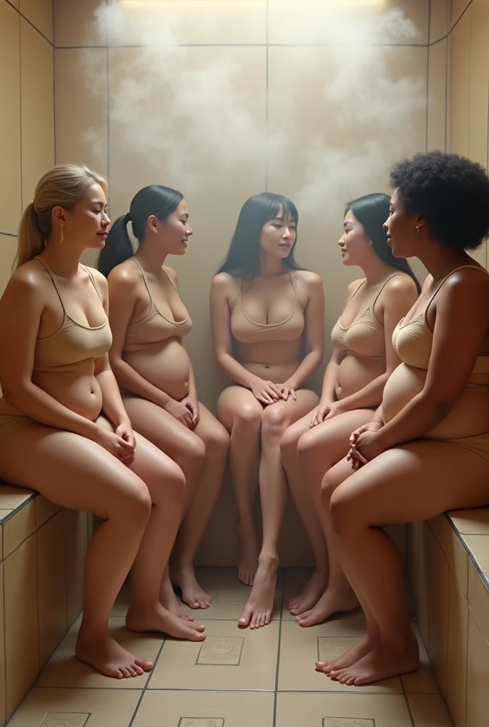 Group of fully nude obese women, in a locker room