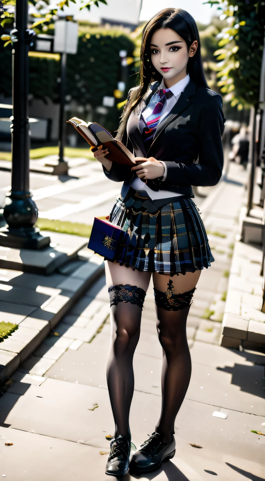 Woman in school uniform holding a book, dressed like a schoolgirl, student realista, mini skirt, student hiperrealista, mini skirt, cute schoolgirl, plaid skirt, Wearing a kilt, with a skirt, student, mini skirt plisada, short skirt, schoolgirls posing, hyperrealistic schoolgirl, fishnet stockings, pointer in hand , seduce