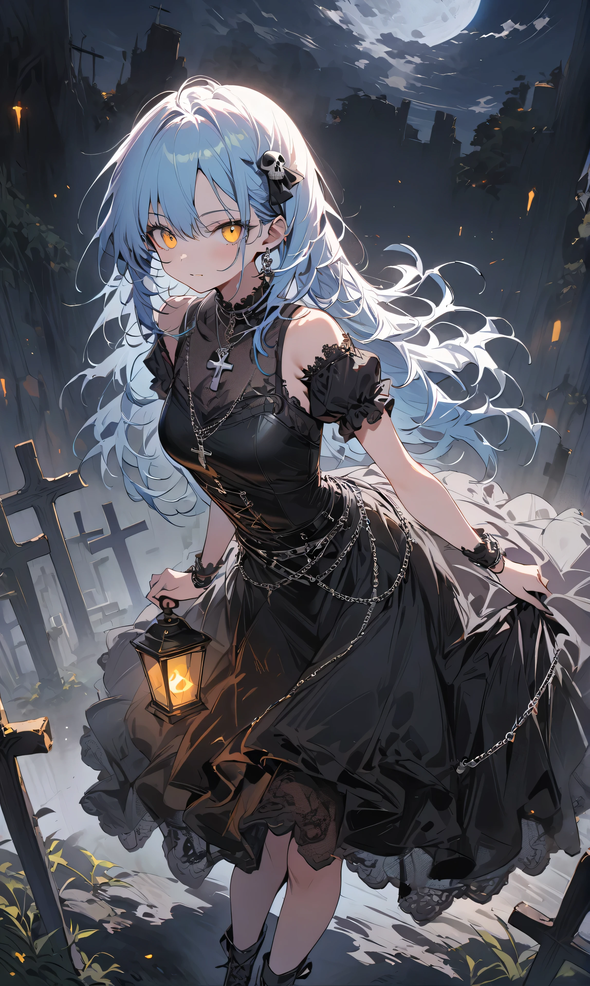 ((masterpiece,highest quality)),One girl,Beautiful fine details, detailedな顔, (whole body:1.2), 1 girl, solo,a girl with light blue hair and glowing yellow eyes while looking at viewer, and wearing "A youthful Gothic dress featuring a fitted black velvet bodice with a sweetheart neckline, lace trim, and short puffed sleeves. The dress flares into a knee-length A-line skirt made of layered tulle, with subtle lace detailing along the hem. A silver chain belt wraps around the waist, adding a modern edgy touch. The dress has delicate lace-up detailing on the back and small silver skull or cross accents. The overall look is dark yet playful, perfect for a teen with a rebellious, Gothic style. Picture the outfit against a misty, moonlit background for added atmosphere, standing, giving dark vide haunted atmosphere, graveyard, golden glowing eyes looking at viewer"Faetastic