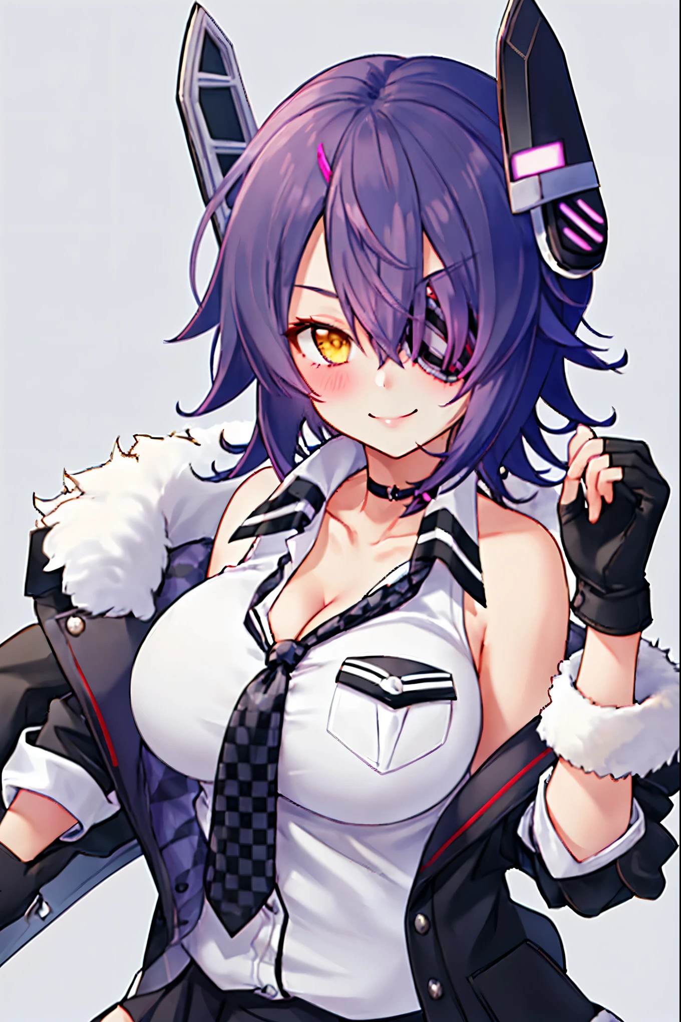 best quality, masterpiece, solo, {tenryuu_kantaicollection:1.15}, teen_girl, eyepatch, short_hair, purple_hair, yellow_eyes, headgear, breasts, necktie, big_breasts, smile, 1girl, blush, checkered_necktie, hair_over_one_eye, shirt, portrait, white_shirt, jacket, sleeveless, fur-trimmed_jacket, fur_trim, collarbone, looking_at_viewer, pocket, breast_pocket, messy_hair, black_gloves, gloves, partially_fingerless_gloves,harbor_road_landscape_background,outdoor,nihl, cleavage,solo