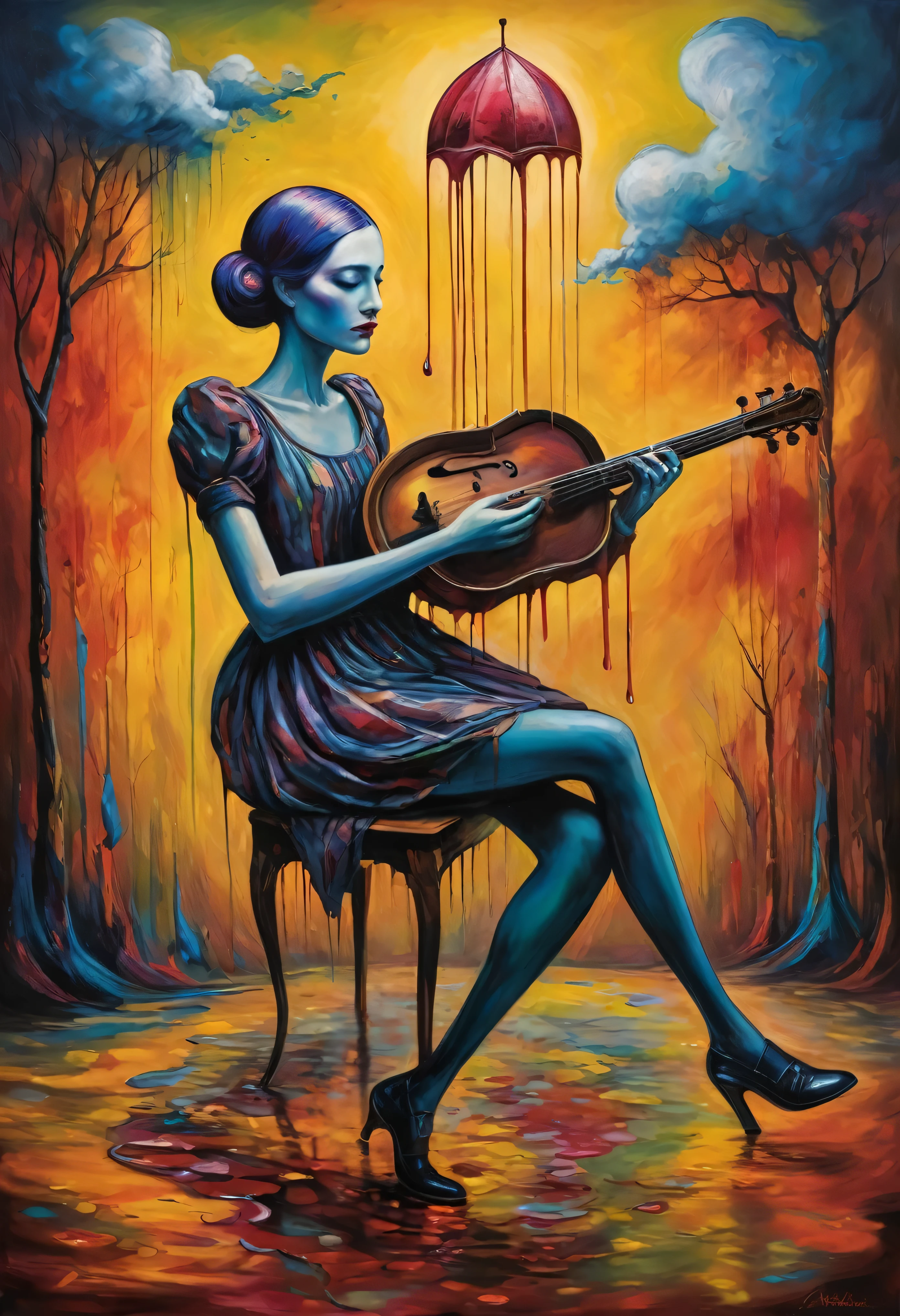 A beautiful 30-year-old woman, white skin, blonde hair with bangs, on her face a half-monstrous mask, almost naked with only red transparent fishnet stockings, big tits with her nipples visible, full-length sitting playing a cello, in a room with three or four cats in the background, hyper-realistic image, 4K quality