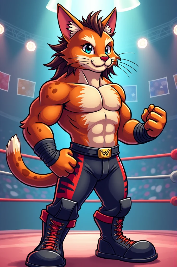 Cartoon bobcat dressed like WWE wrestler Brutus Beefcake , with a muscular body, arm sleeves, with long black hair and holding giant scissors 