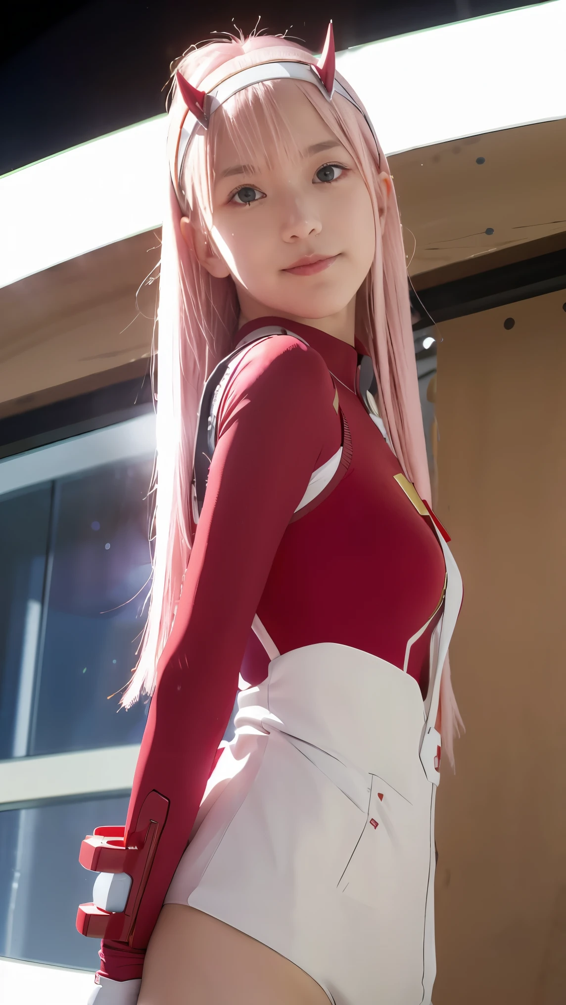 dynamic angle,ultra-detailed, illustration, straight on, 1girl, ((Zero two, interface headband with a pair of horns, red bodysuit:1.4, pink hair)), Her eyes shone like dreamy stars,(glowing eyes:1.233),(beautiful and detailed eyes:1.1),(expressionless, closed mouth),(standing), (mechanic room with tools and spaceship window in a white SPACESHIP), (night:1.2), dreamy, [[delicate fingers and hands:0.55]::0.85],(detail fingers), smile, POV from below