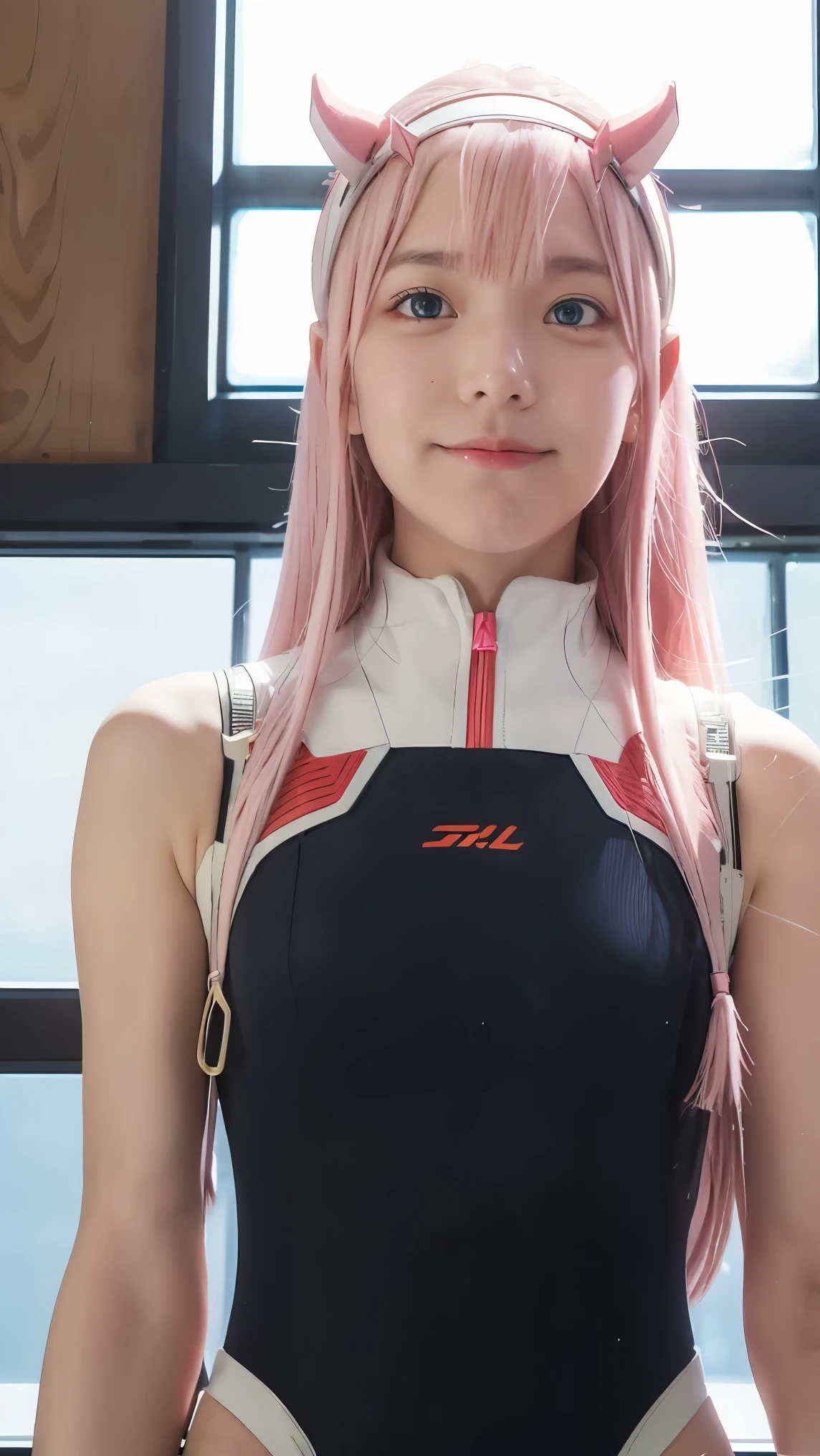 dynamic angle,ultra-detailed, illustration, straight on, 1girl, ((Zero two, interface headband with a pair of horns, red bodysuit:1.4, pink hair)), Her eyes shone like dreamy stars,(glowing eyes:1.233),(beautiful and detailed eyes:1.1),(expressionless, closed mouth),(standing), (mechanic room with tools and spaceship window in a white SPACESHIP), (night:1.2), dreamy, [[delicate fingers and hands:0.55]::0.85],(detail fingers), smile, POV from below